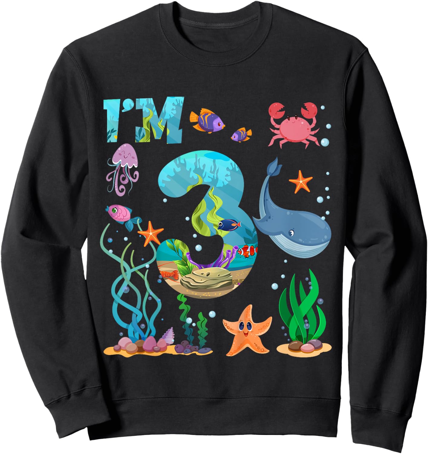 Kids 3 Year Old Boy Girl Sea Animals 3rd Birthday Kids Sweatshirt - Sweatshirt | Black