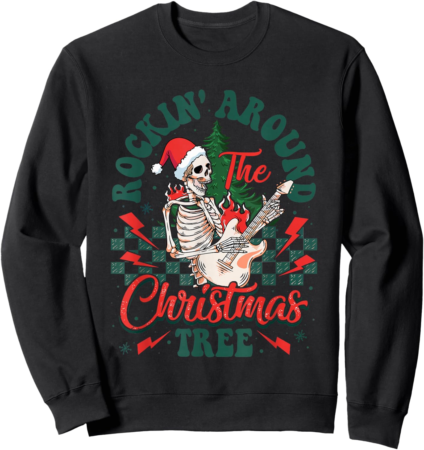 Retro Rockin Around The Christmas Tree Skeleton Plays Guitar Sweatshirt - Sweatshirt | Black