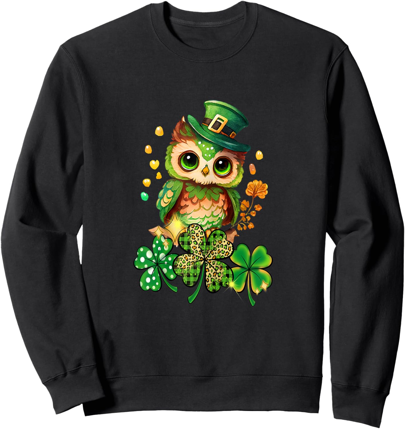 Chibi Owl Adorable St Patrick's Day Bird Lover Cute Clover Sweatshirt - Sweatshirt | Black