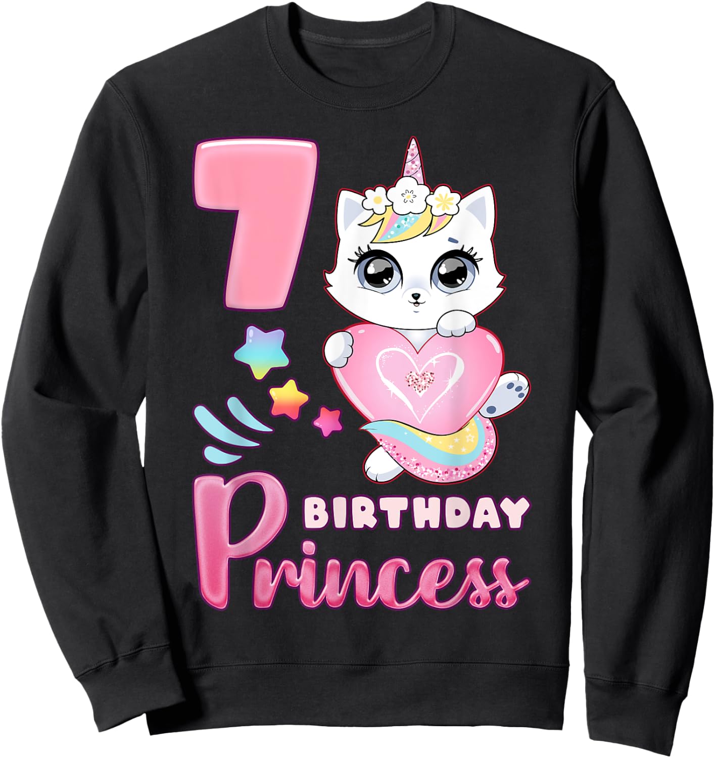 Girl, 7th birthday, unicorn cat, number 7 Sweatshirt - Sweatshirt | Black