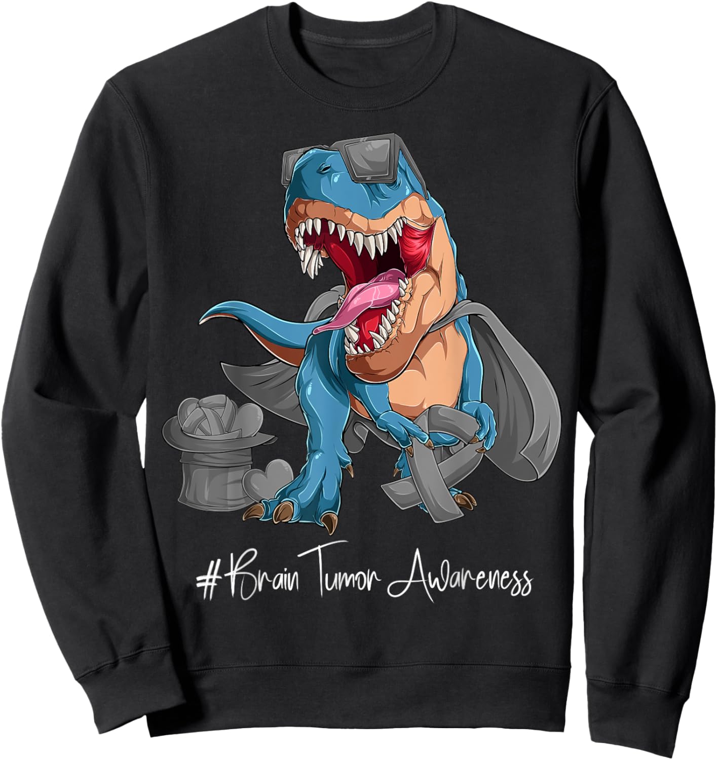 Brain Tumor Awareness Month Gray Ribbon Trex Sweatshirt - Sweatshirt | Black