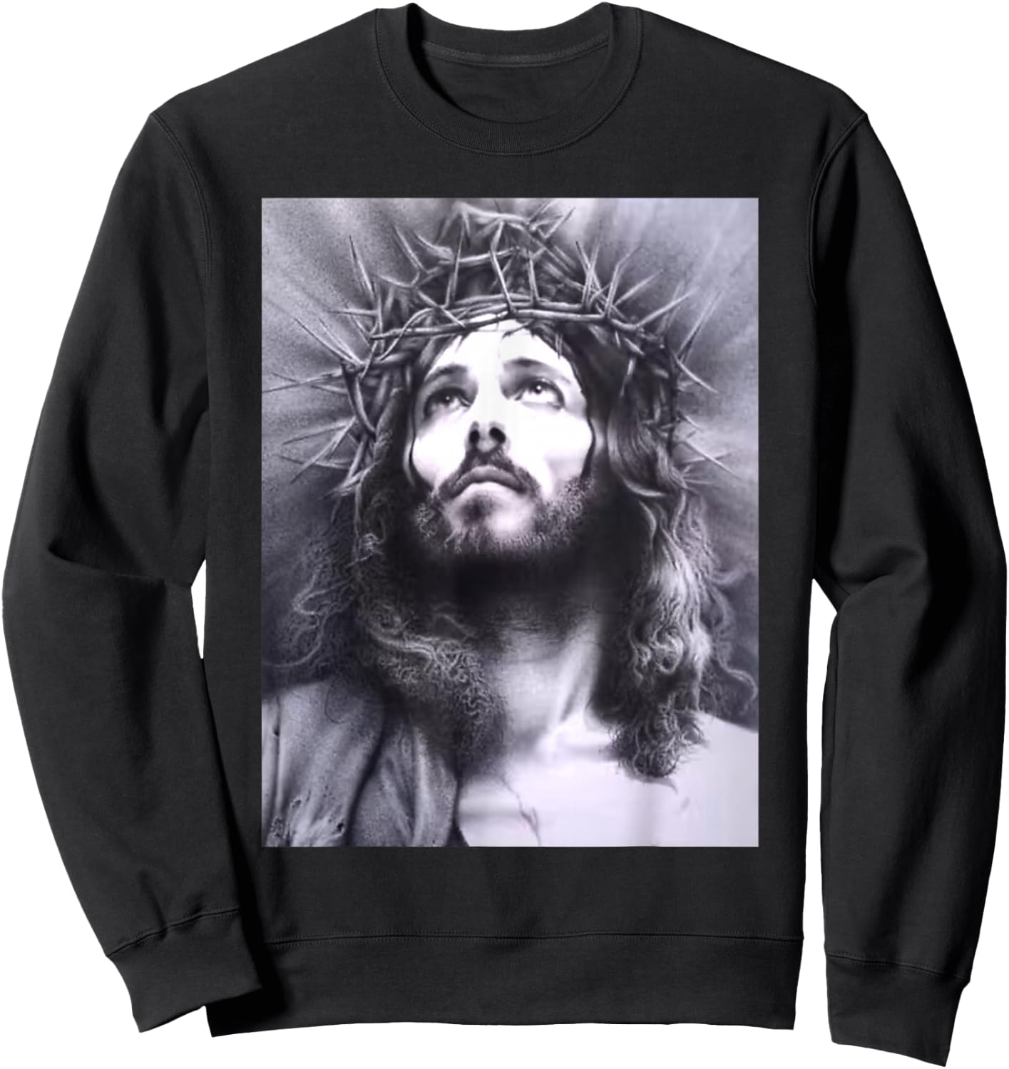 Image Face of Jesus On A Cross with Crown of Thorns Sweatshirt - Sweatshirt | Black