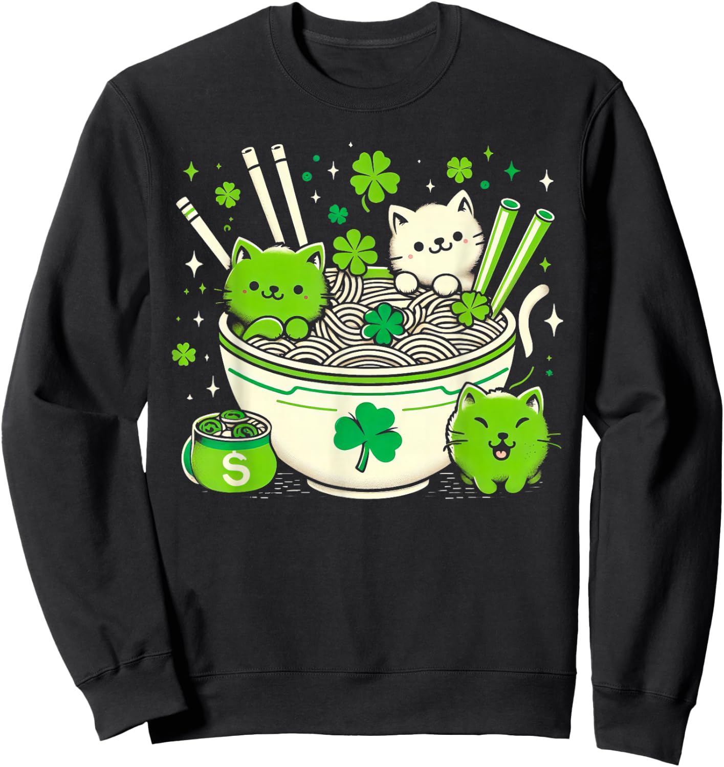 Irish Ramen Cats Cute Anime St Patrick's Day Women Girls Sweatshirt - Sweatshirt | Black