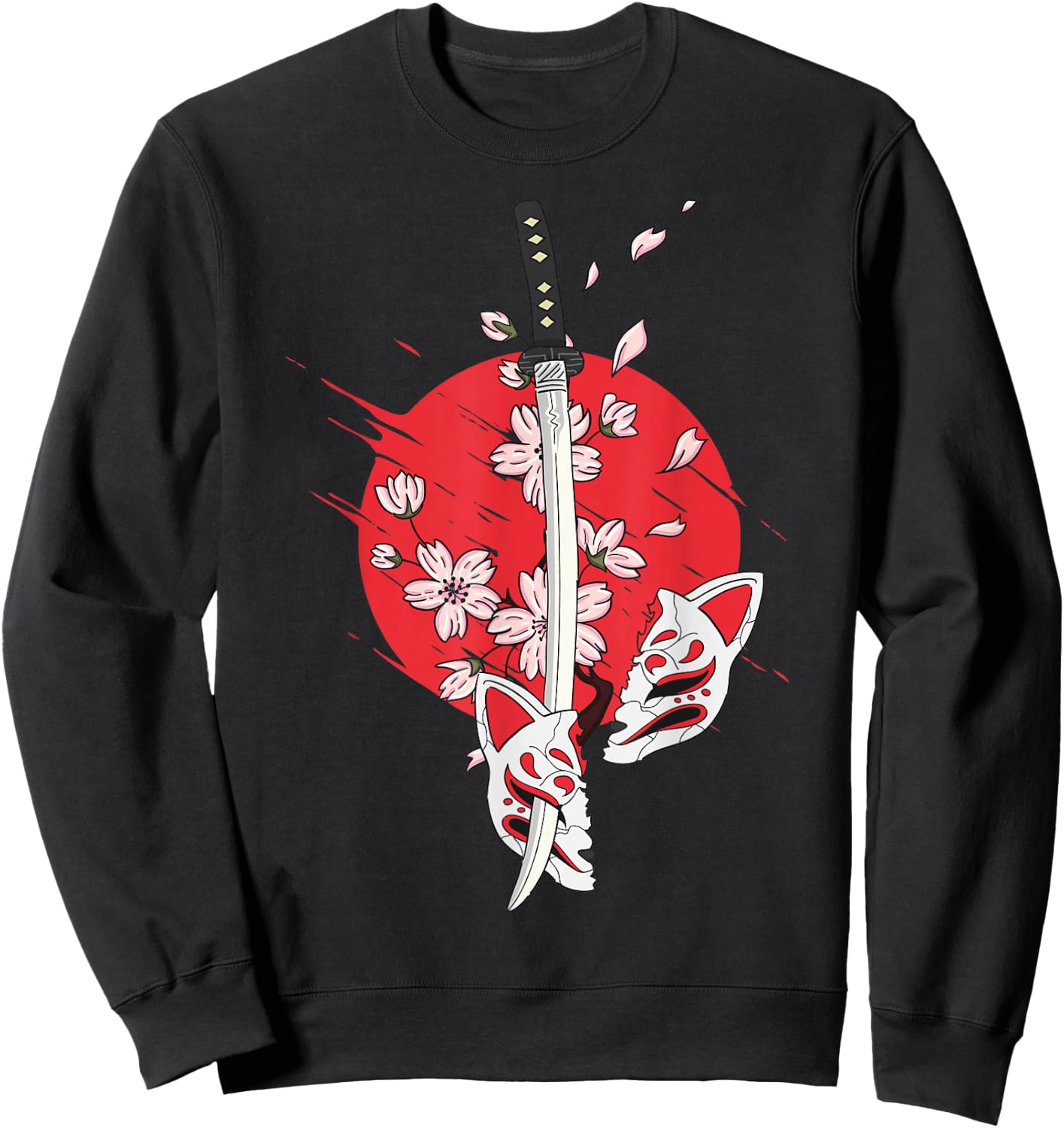 Kitsune Mask Nine-Tailed Cherry Blossom Flowers Katana Sweatshirt - Sweatshirt | Black