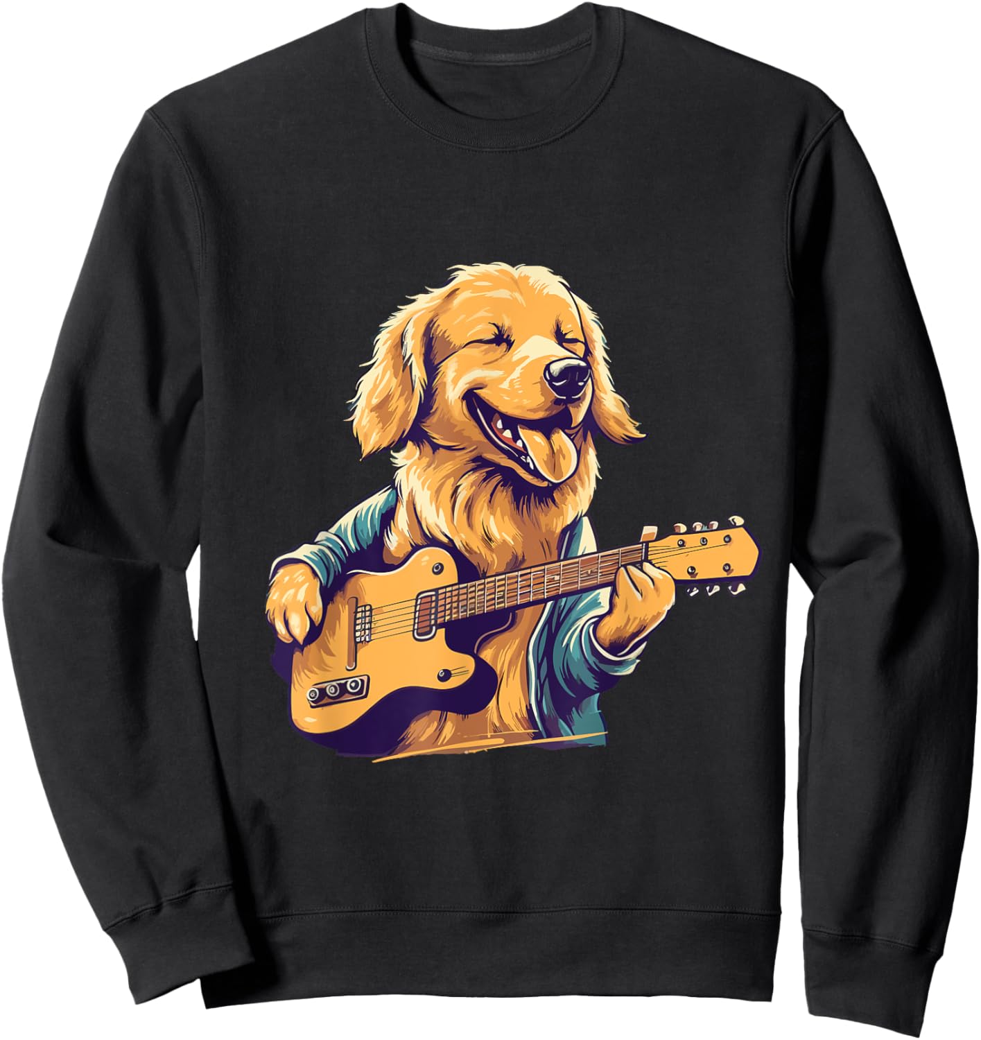 Golden Retriever Dog Playing Guitar Rock on Guitarist Women Sweatshirt - Sweatshirt | Black