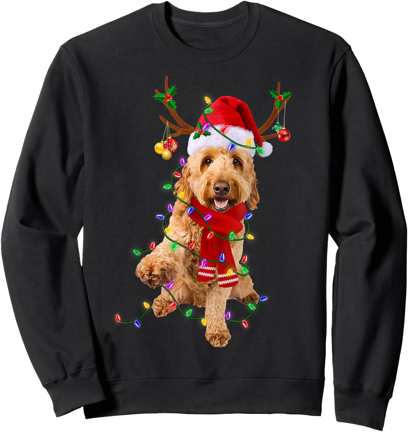 Funny Goldendoodle Dog Tree Christmas Lights Pajama Men Women Kids Sweatshirt - Sweatshirt | Black