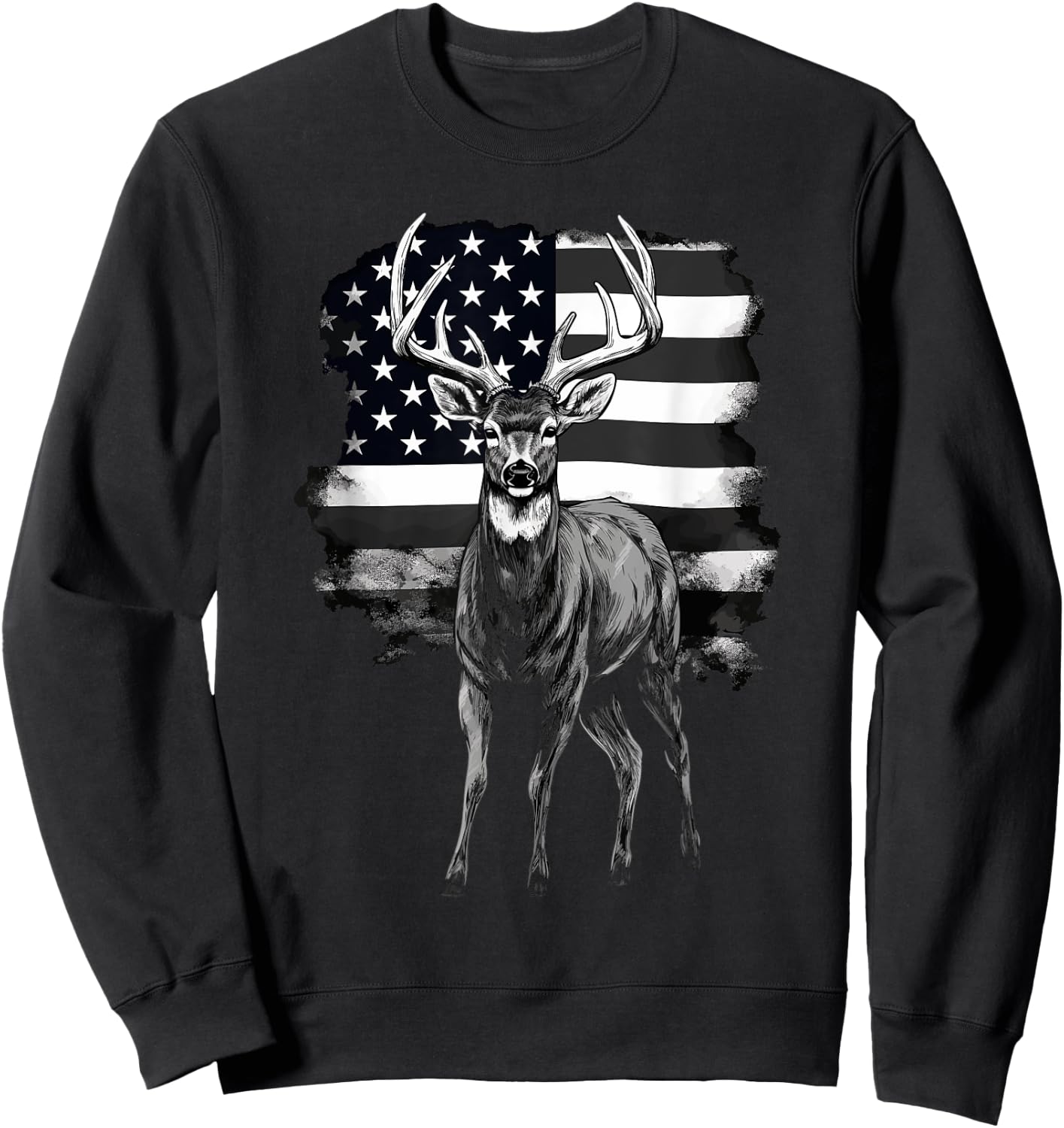 Whitetail Buck Deer Hunting US Flag Patriotic Hunter Women Men Sweatshirt - Sweatshirt | Black