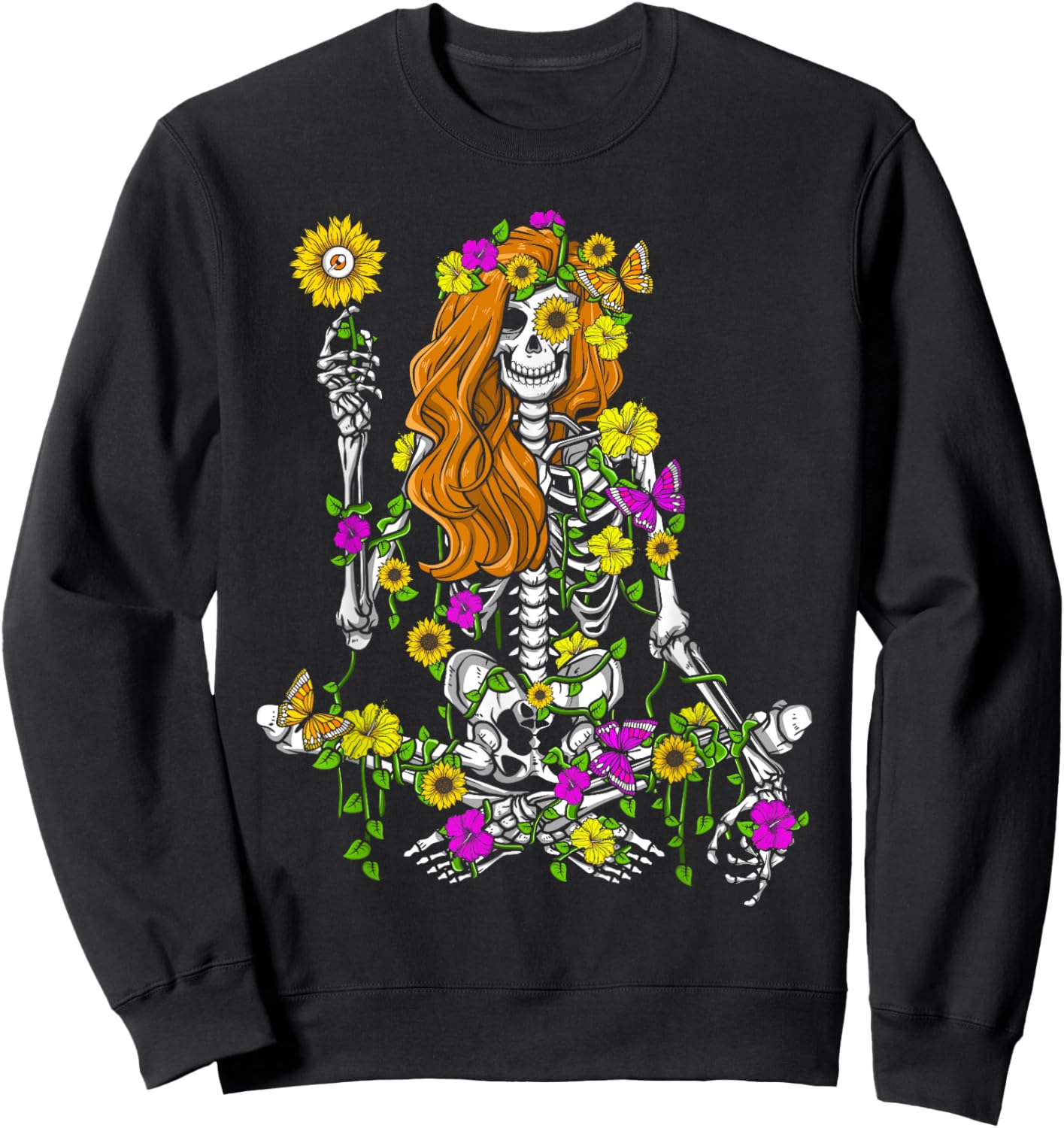 Skeleton Hippie Flowers Sunflower Lover Women Halloween Sweatshirt - Sweatshirt | Black