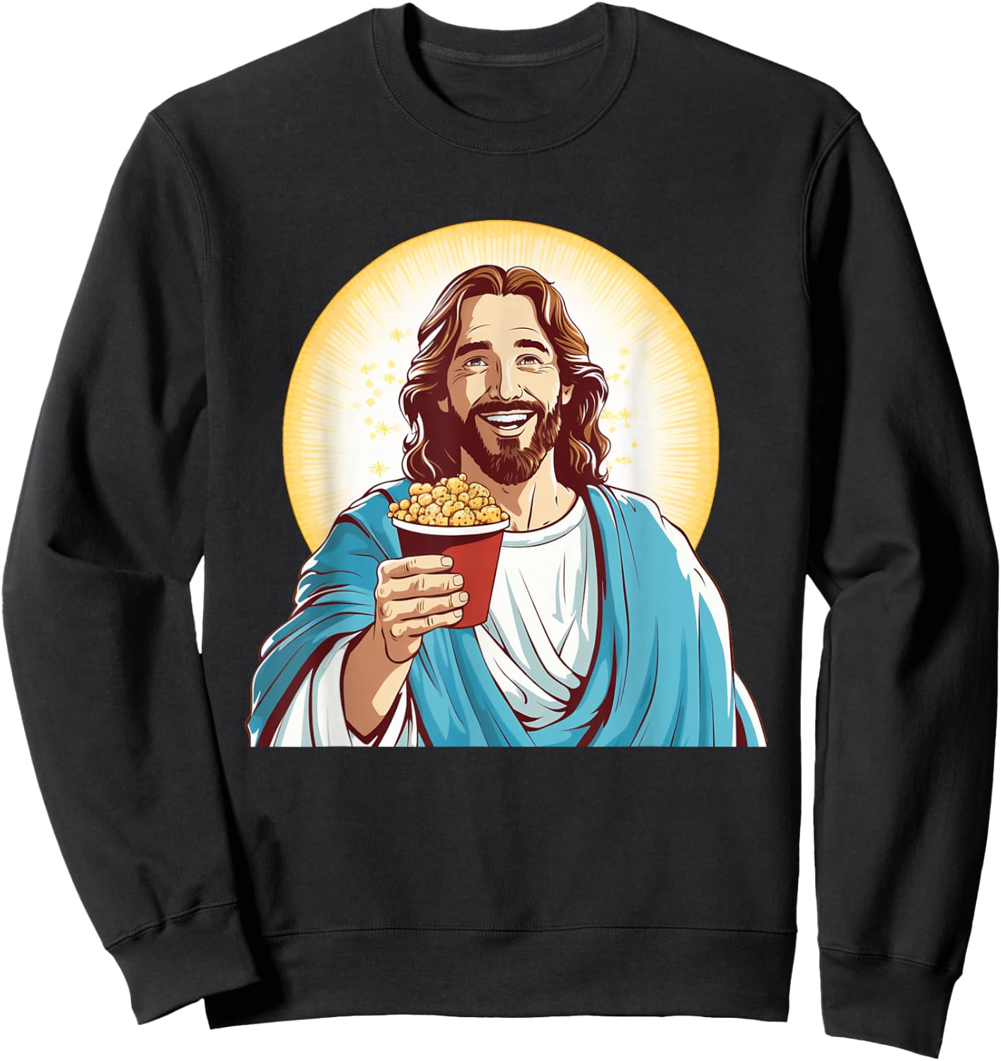 Funny Movie Night with Jesus and Popcorn Box Costume Sweatshirt - Sweatshirt | Black
