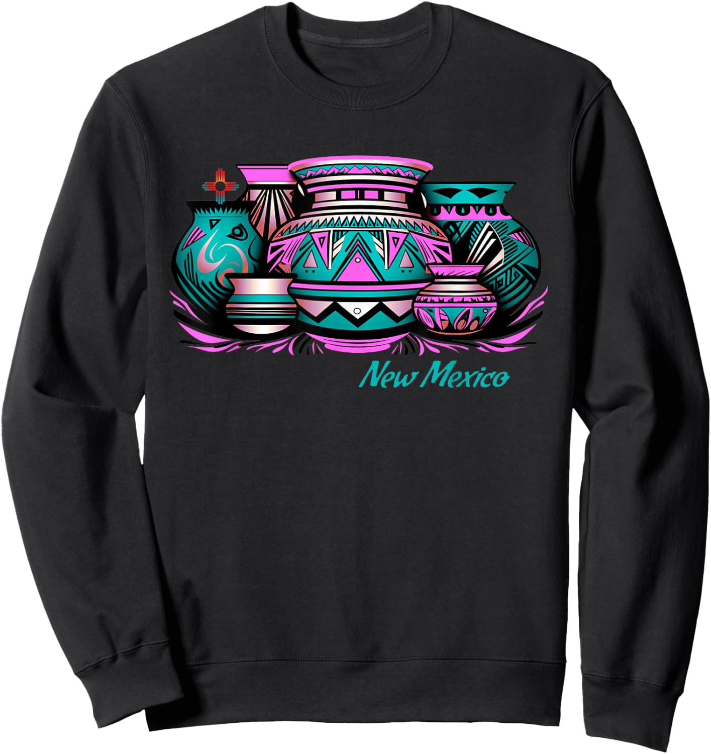 New Mexico Retro: Native Pottery & Zia Symbol Graphic Sweatshirt - Sweatshirt | Black