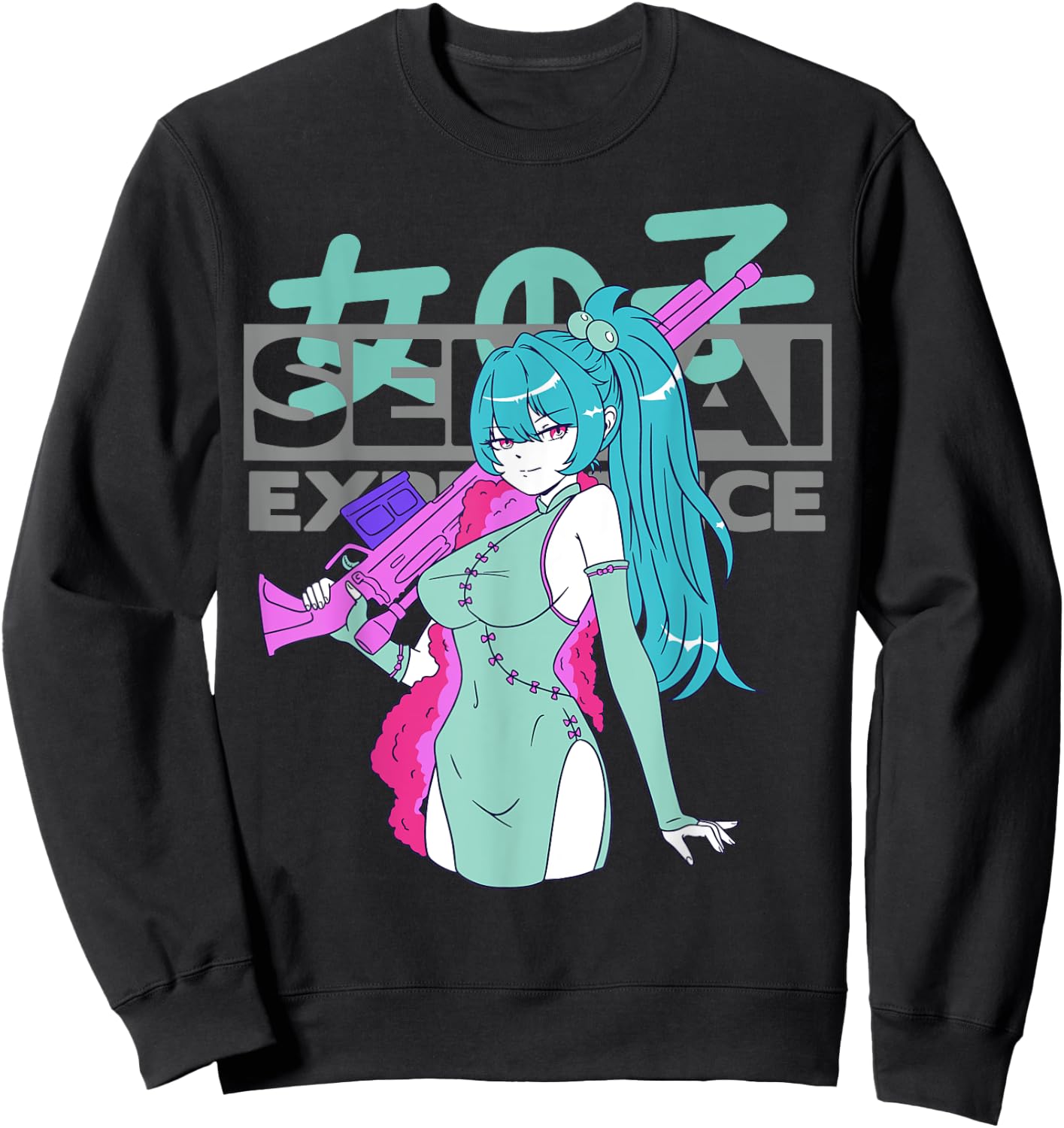 Sexy Waifu Anime Girl with Sniper Rifle and Blue Hair Senpai Sweatshirt - Sweatshirt | Black