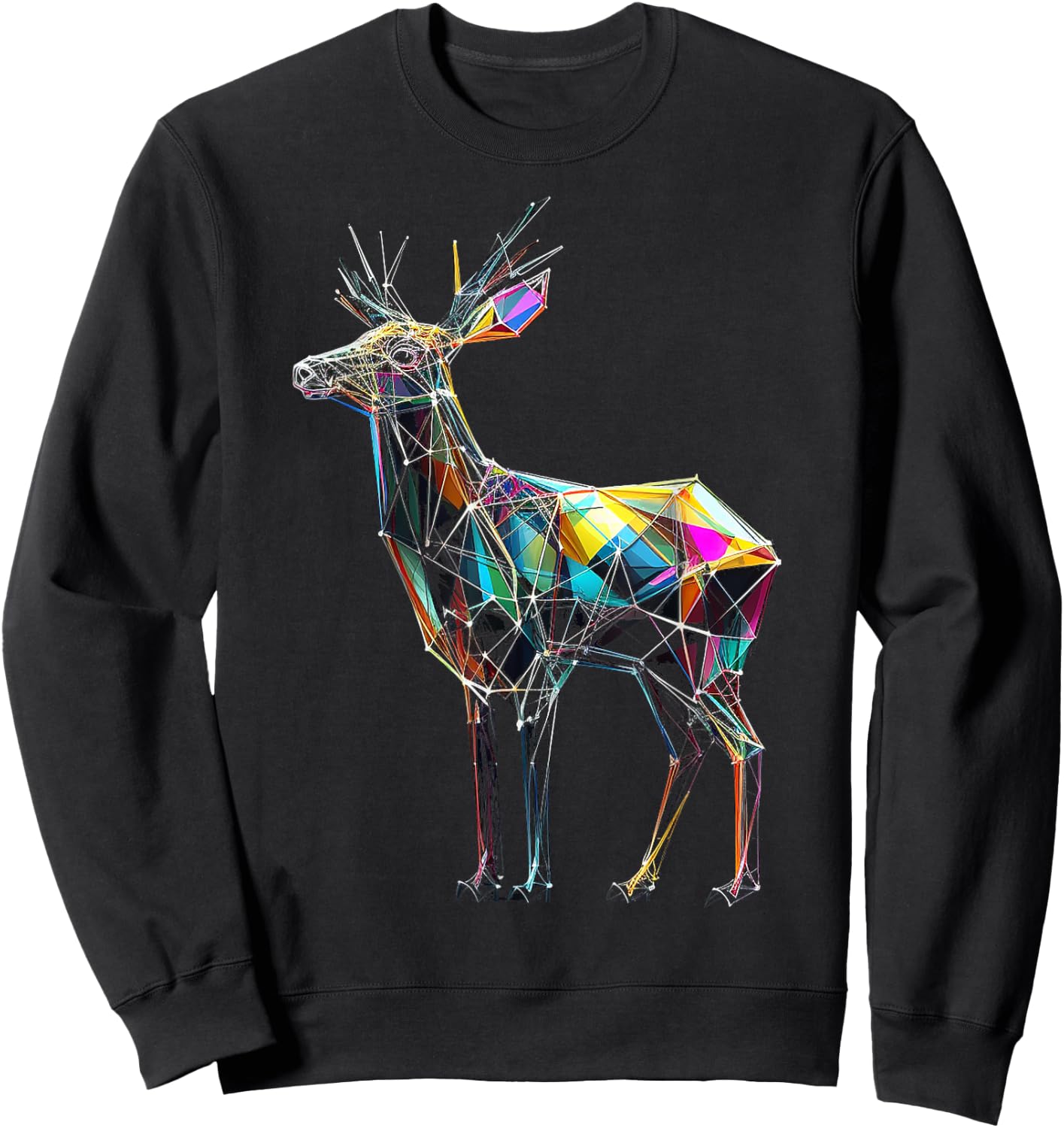 Deer Polygon Artwork | Geometric Colorful Animal Motif Deer Sweatshirt - Sweatshirt | Black