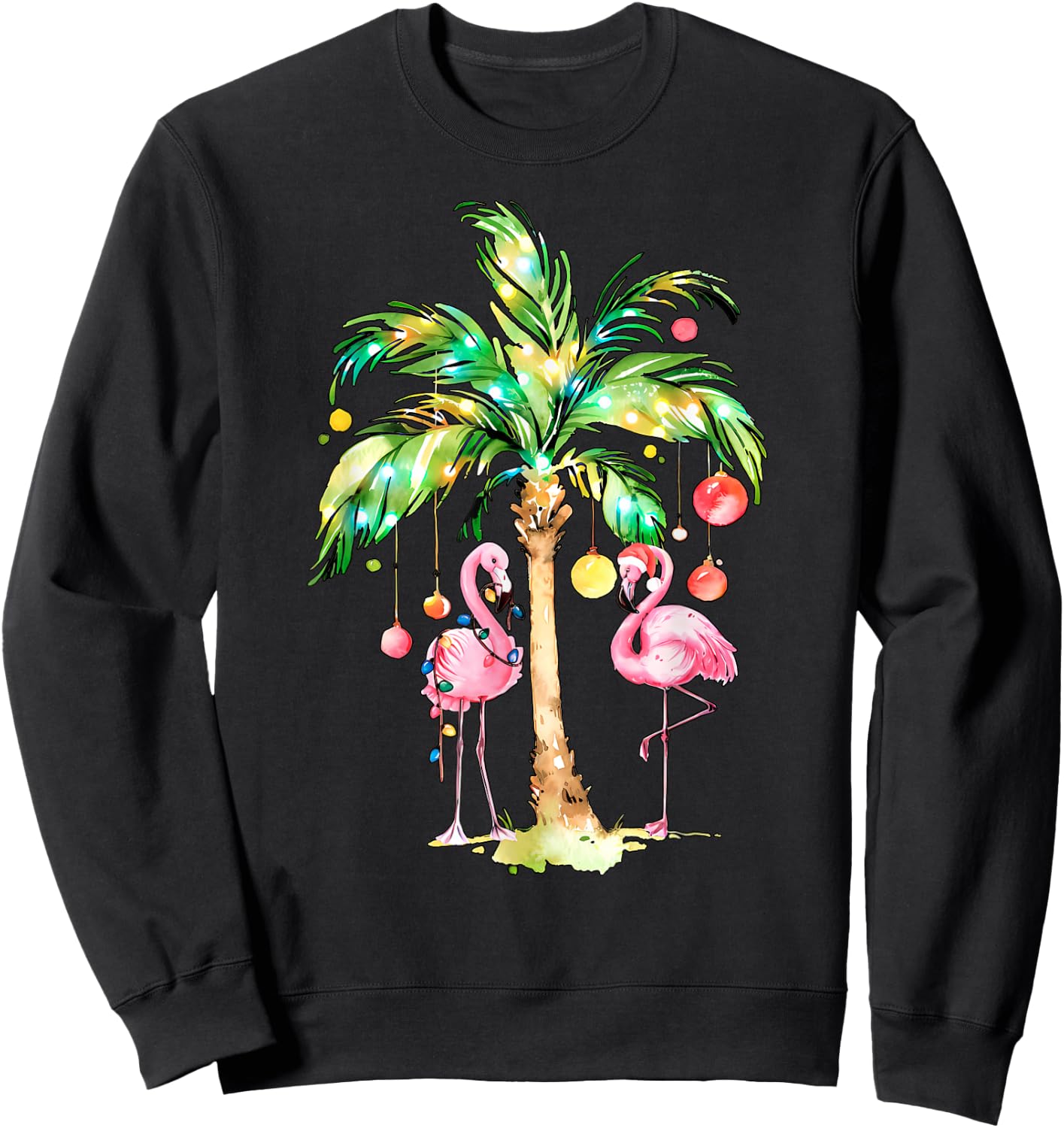 Pink Flamingo Christmas Palm Tree Tropical Xmas Holiday Sweatshirt - Sweatshirt | Black