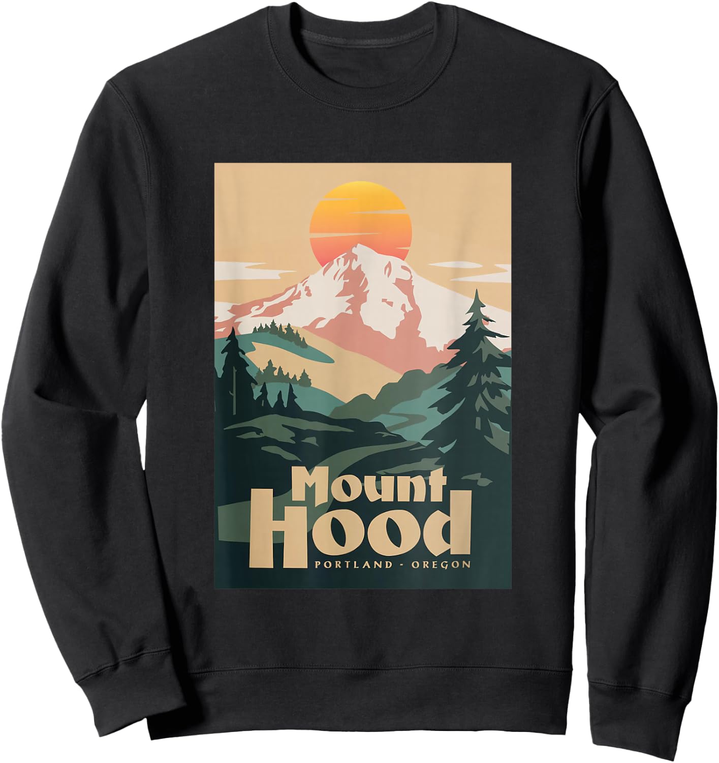 Portland Oregon Retro Sunset On Mountain Vintage Sweatshirt - Sweatshirt | Black
