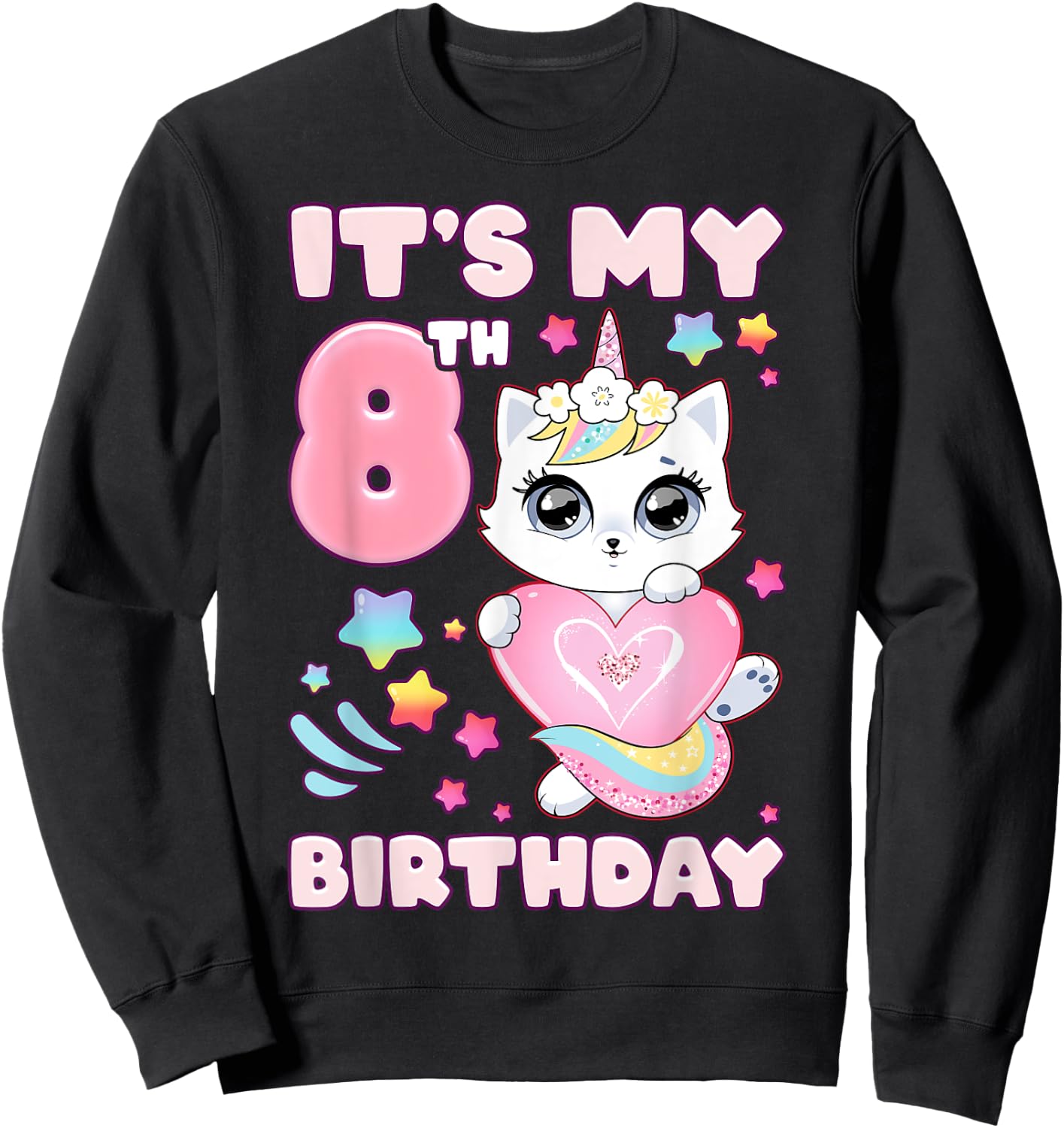 Birthday girl 8 years old cat unicorn 8th birthday Sweatshirt - Sweatshirt | Black