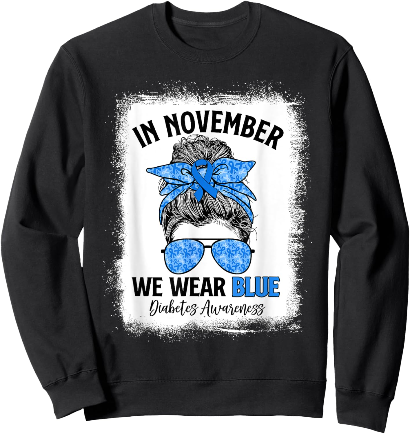 In November We Wear Blue Messy Bun Diabetes Awareness Sweatshirt - Sweatshirt | Black