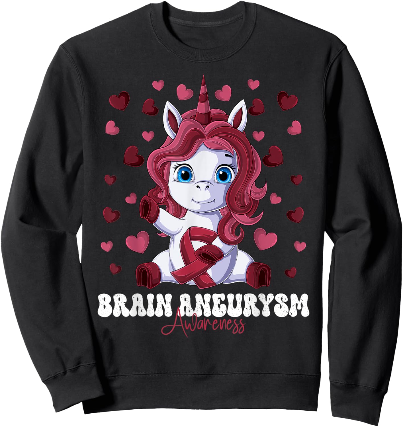 Brain Aneurysm Awareness Month Burgundy Ribbon Unicorn Sweatshirt - Sweatshirt | Black