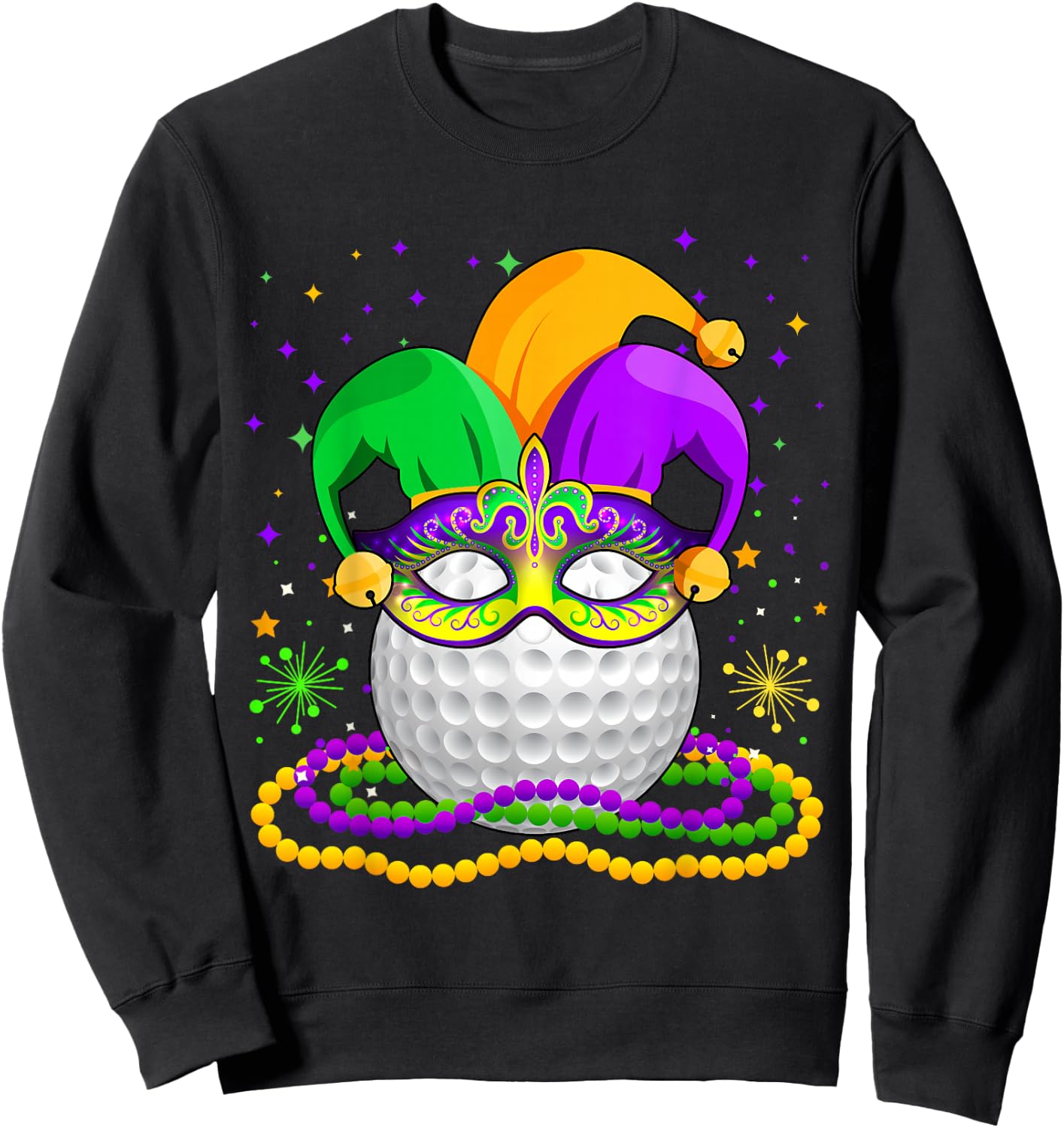 Golf Wearing Jester Hat Masked Beads Mardi Gras Player Sweatshirt - Sweatshirt | Black