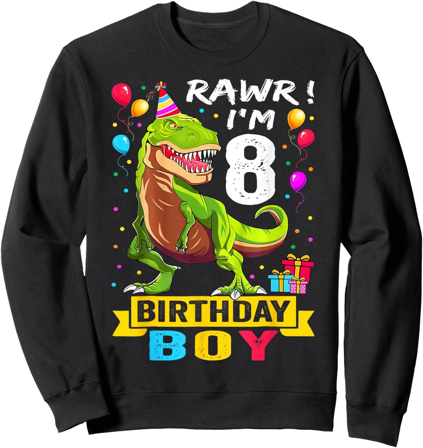 Kids 8 Year Old Shirt 8th Birthday Boy T Rex Dinosaur Sweatshirt - Sweatshirt | Black