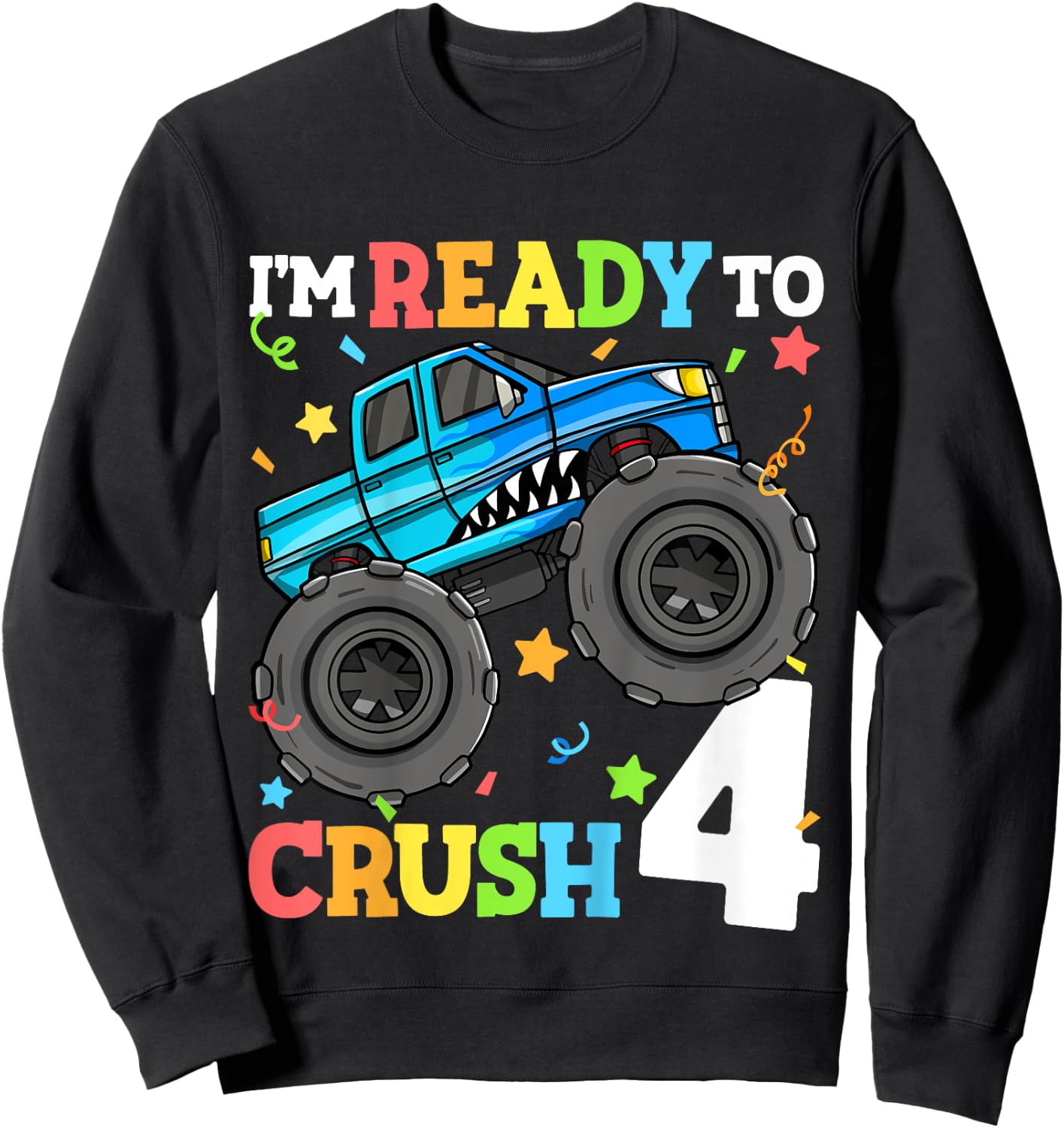 Kids Monster Truck Shark 4th Birthday Boy Toddler 4 Four Year Old Sweatshirt - Sweatshirt | Black