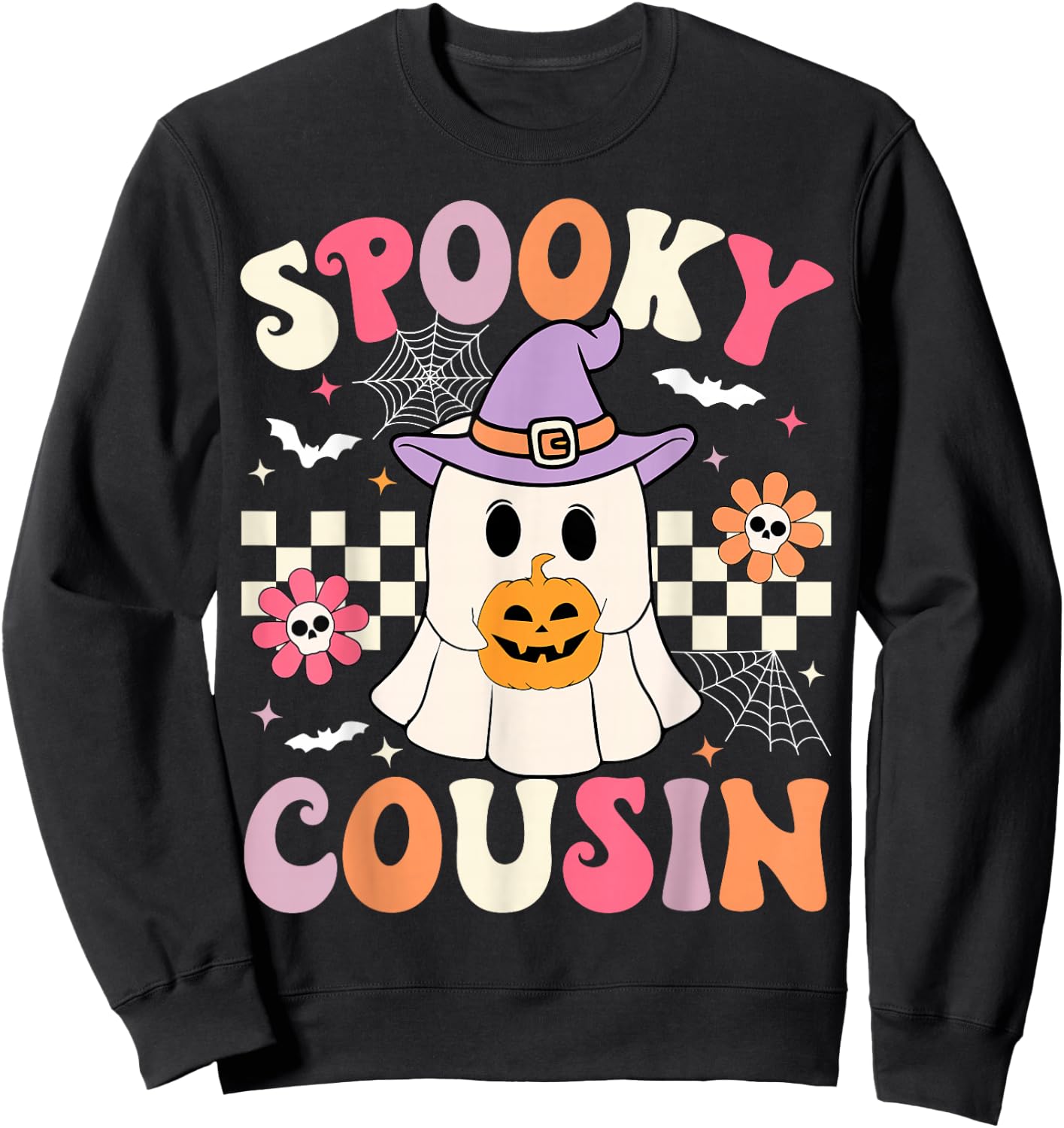 Groovy Spooky Cousin Retro Ghost Holding Pumpkin Halloween Sweatshirt - Sweatshirt | Black