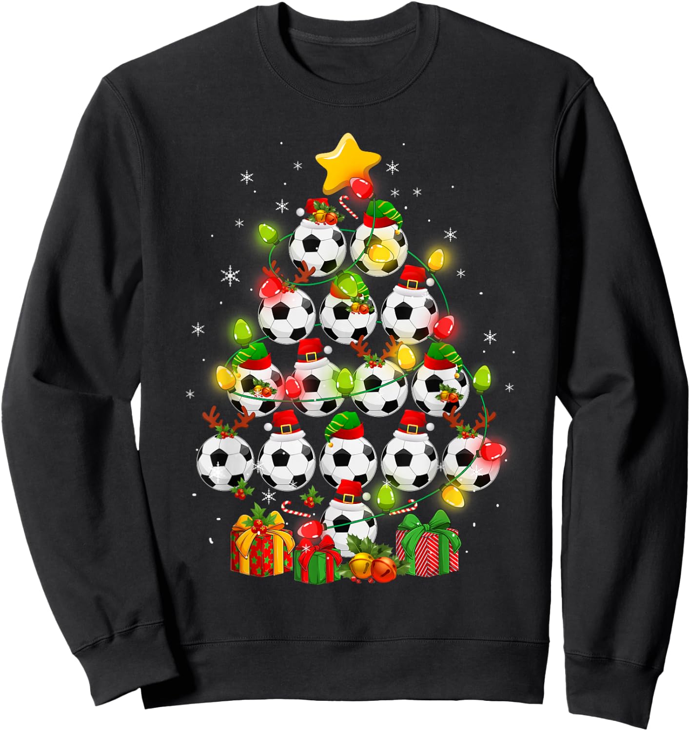 Soccer Balls Santa Elf Hat Christmas Tree Lights Ornaments Sweatshirt - Sweatshirt | Black