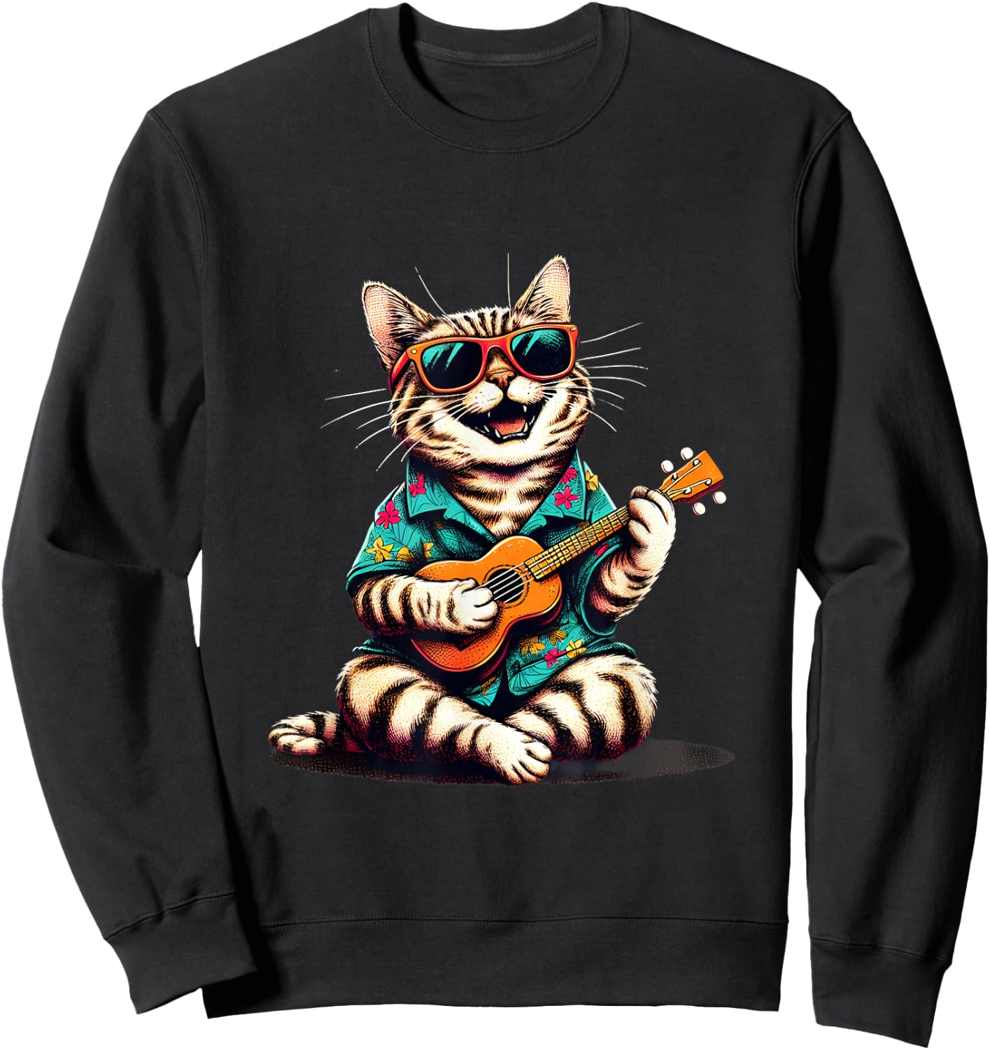 Cat Wearing a Hawaiian Shirt, Playing a Ukulele Sweatshirt - Sweatshirt | Black