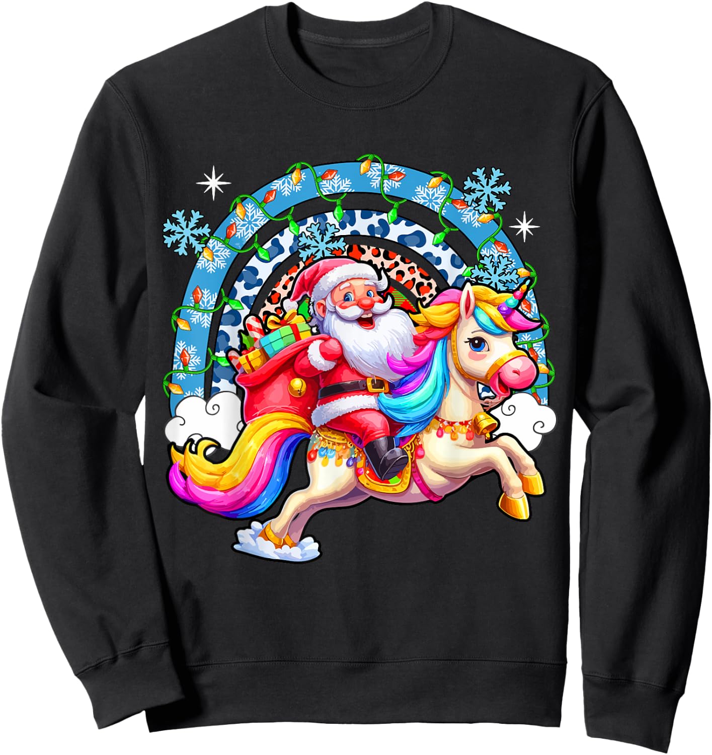Santa Riding Colourful Unicorn Christmas Rainbow Xmas Lights Sweatshirt - Sweatshirt | Black
