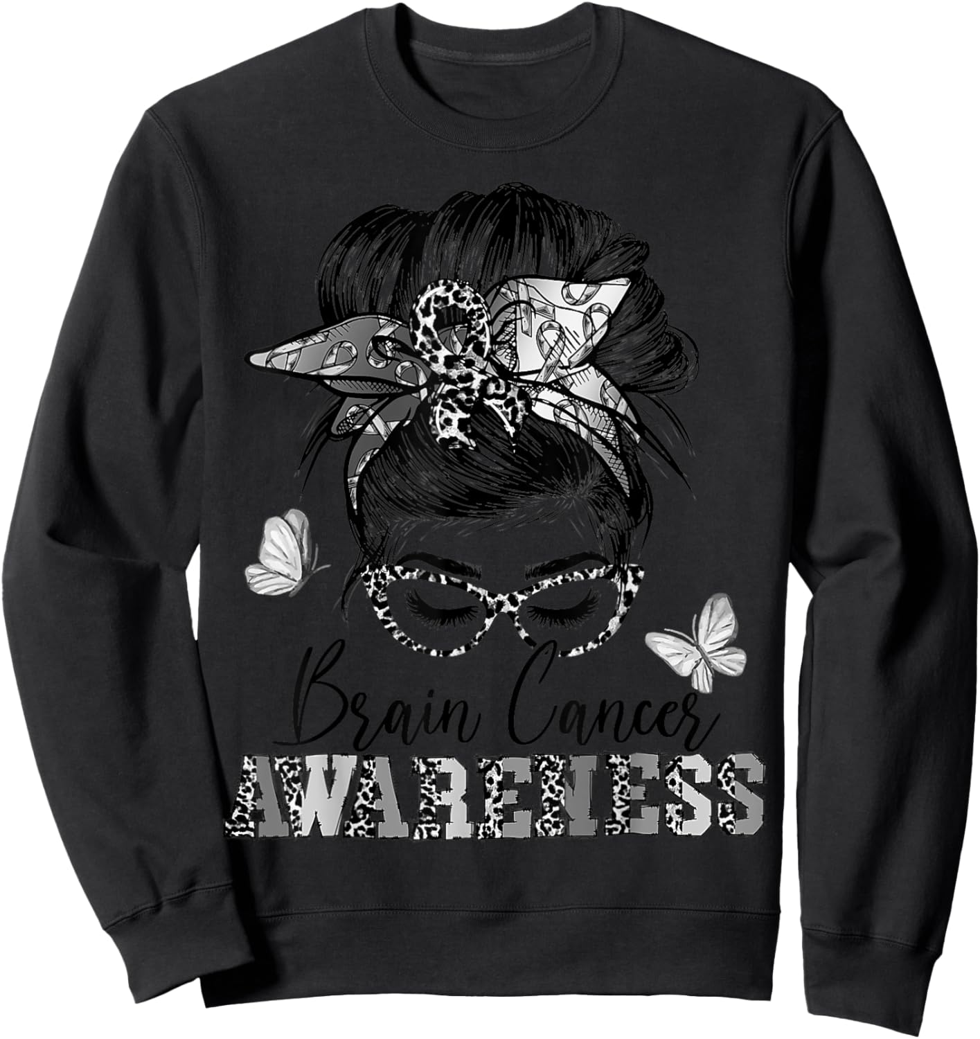 Messy Hair Bun Gray Ribbon Brain Cancer Awareness Sweatshirt - Sweatshirt | Black