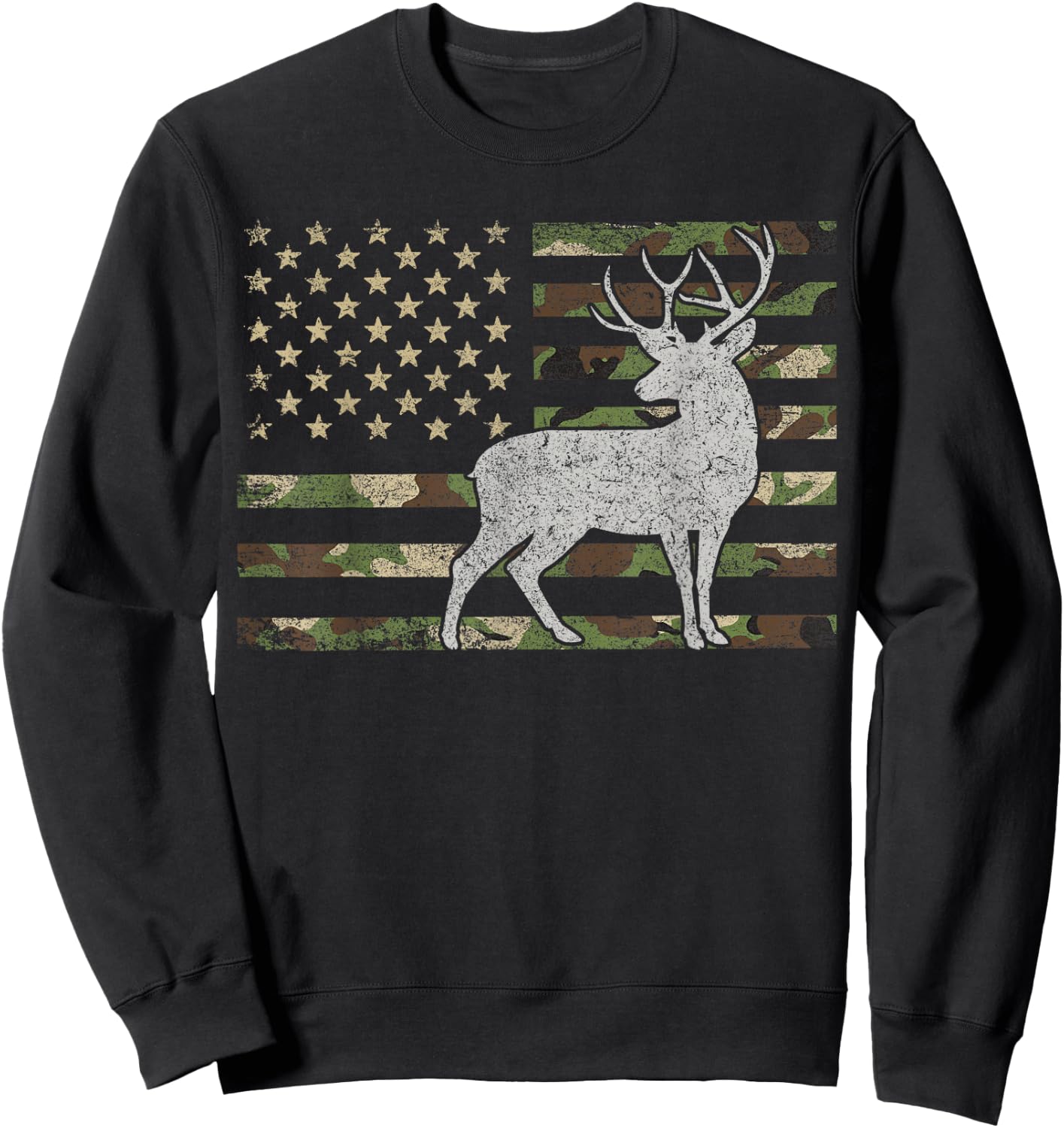 Whitetail Buck Deer Hunting American Camouflage USA Flag Women Kids Men Sweatshirt - Sweatshirt | Black