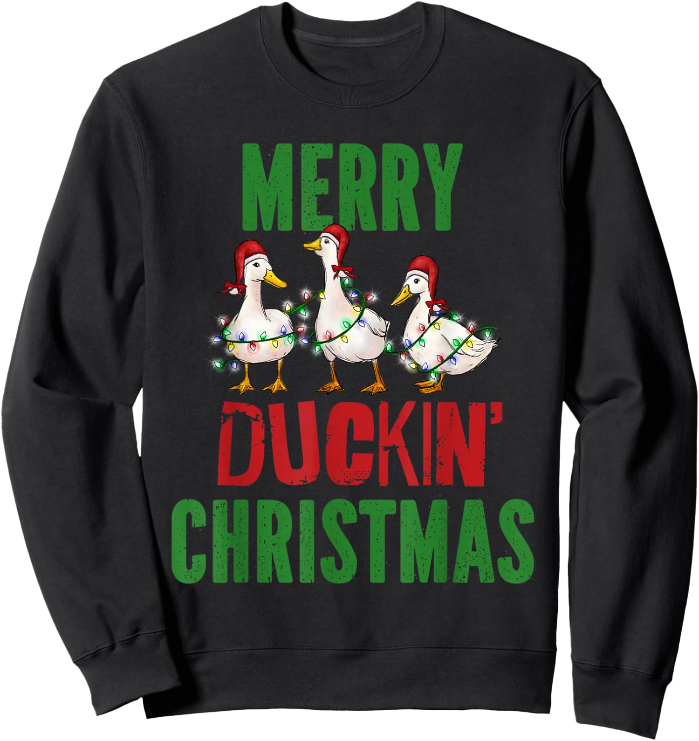 Merry Duckin Christmas Duck Pun Funny Christmas Light Ducks Sweatshirt - Sweatshirt | Black