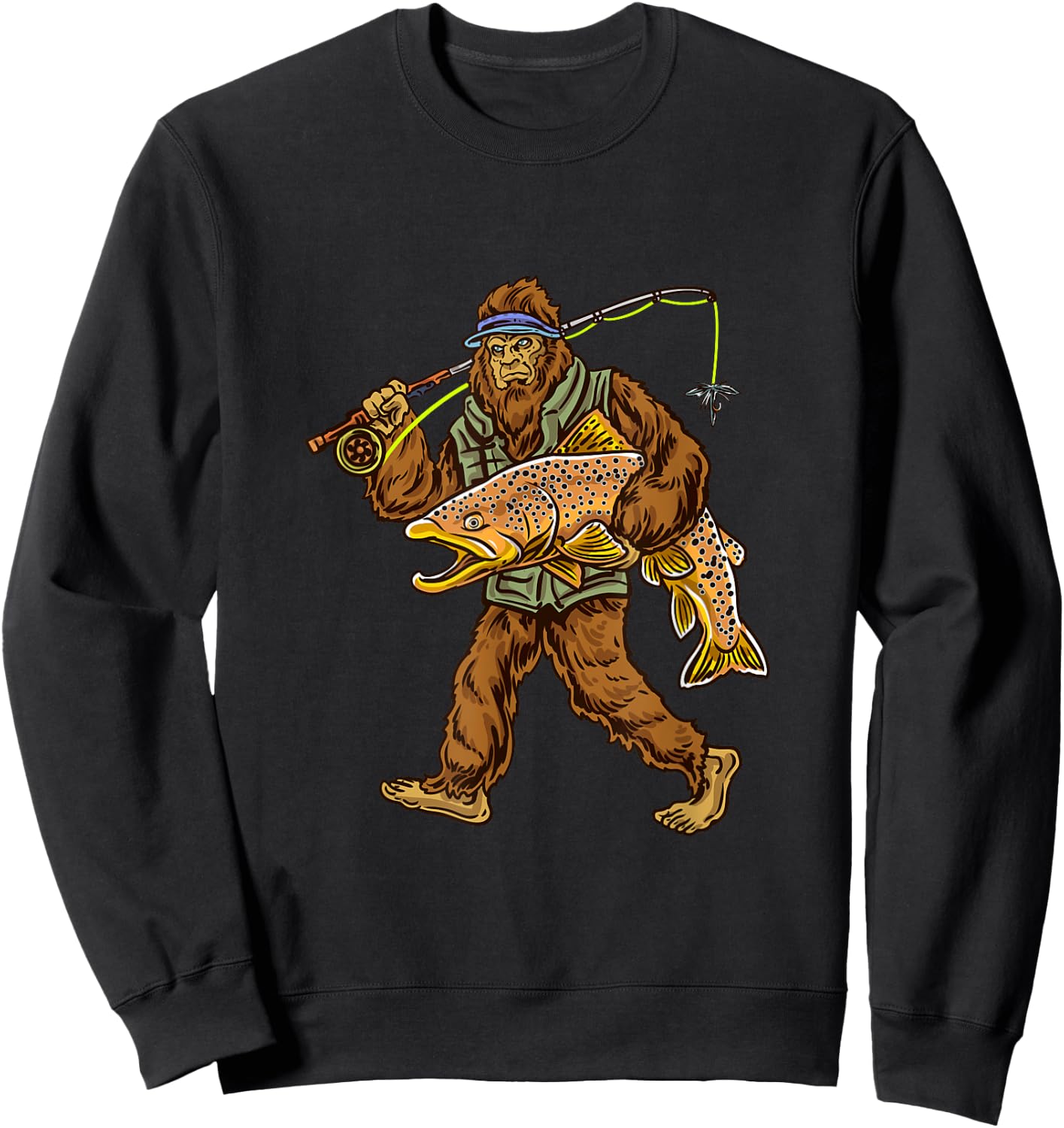 Brown Trout River Fishing Bigfoot Hunting Fishermen Sweatshirt - Sweatshirt | Black