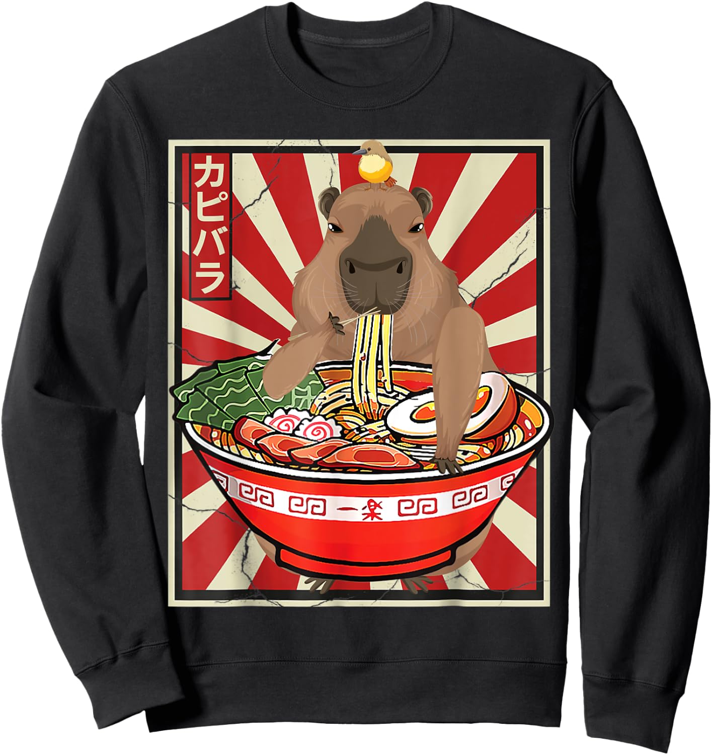 Kawaii bird Capybara Eating Ramen Noodles Anime Japanese Sweatshirt - Sweatshirt | Black