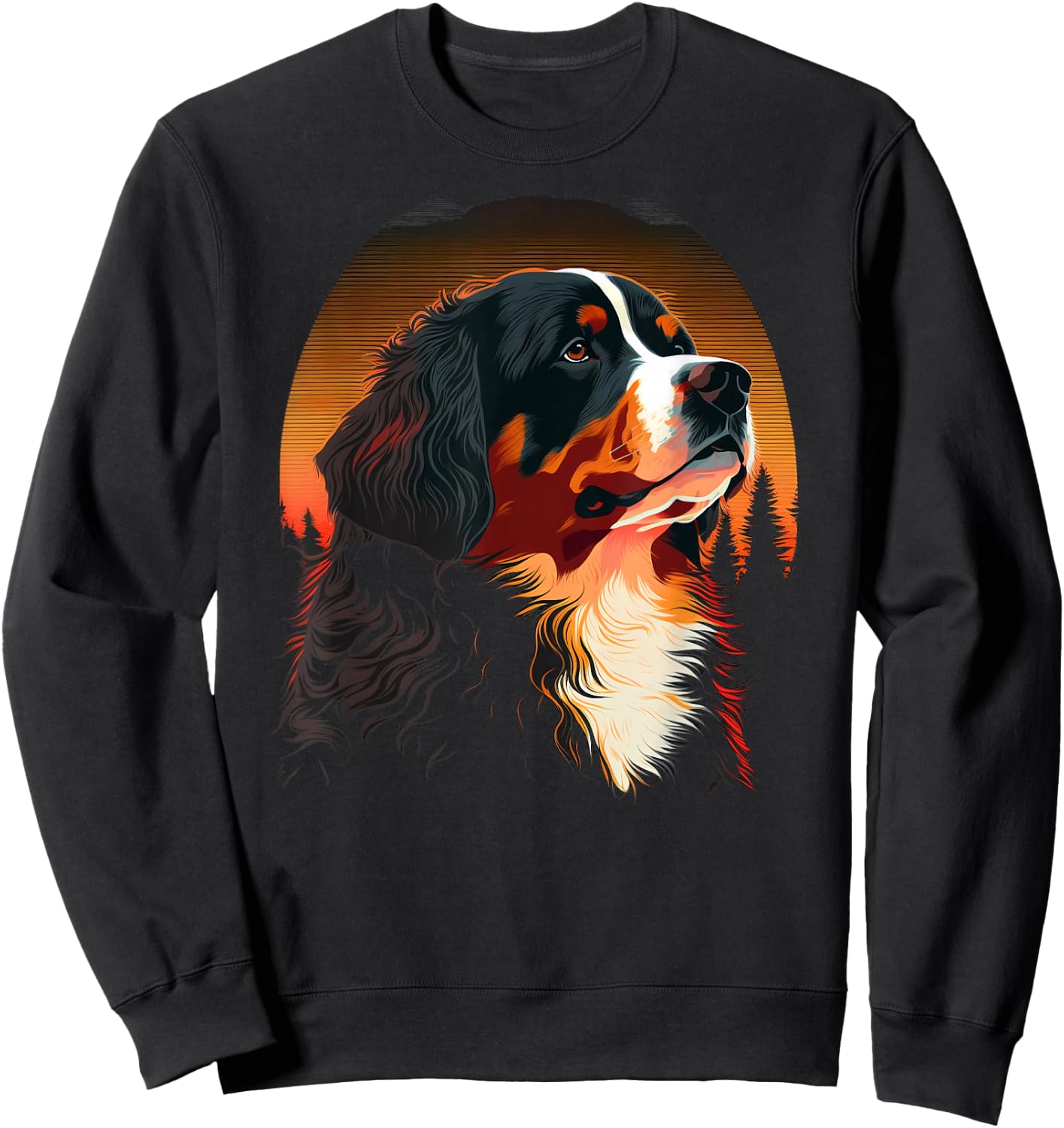 Bernese Mountain Dog at Sunset in the Woods Black Graphic Men Women Kids Sweatshirt - Sweatshirt | Black