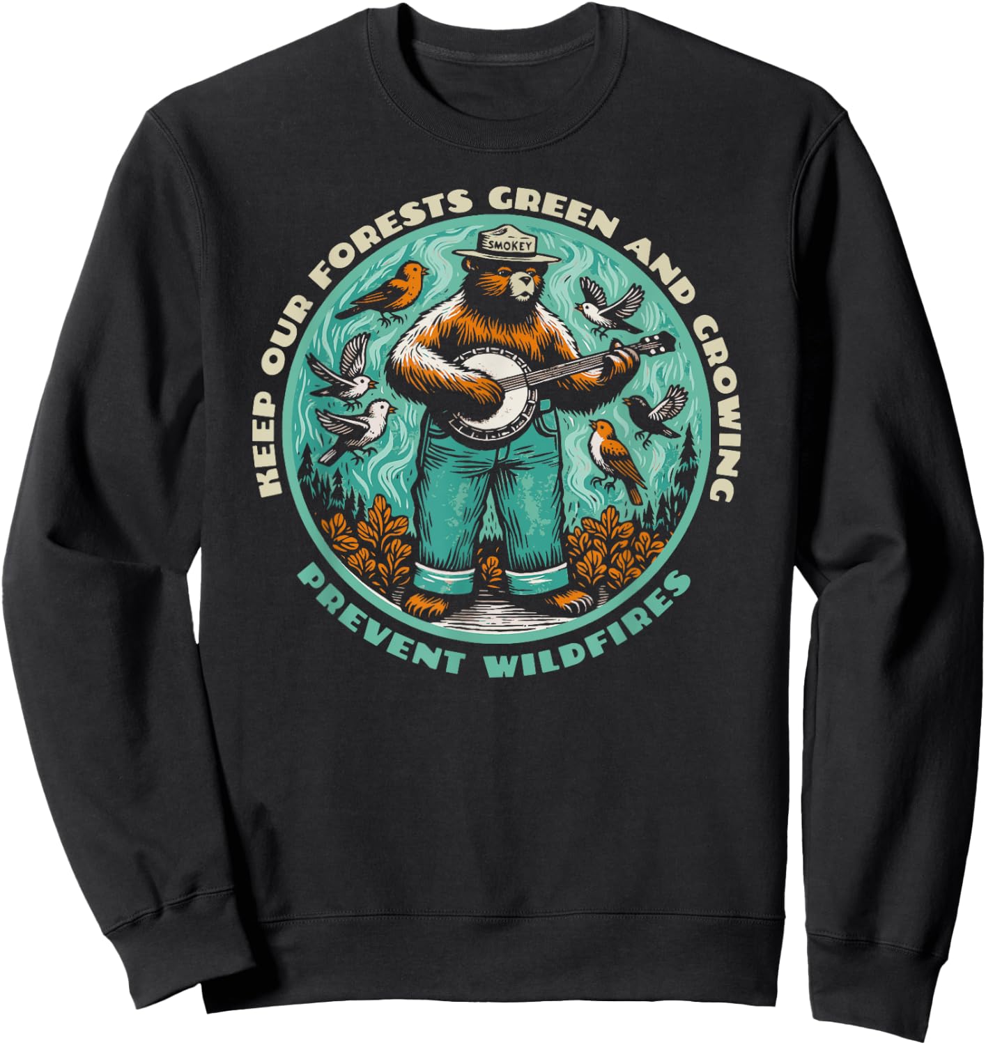 Prevent Wildfires Smokey Bear, Banjo & Birds Sweatshirt - Sweatshirt | Black
