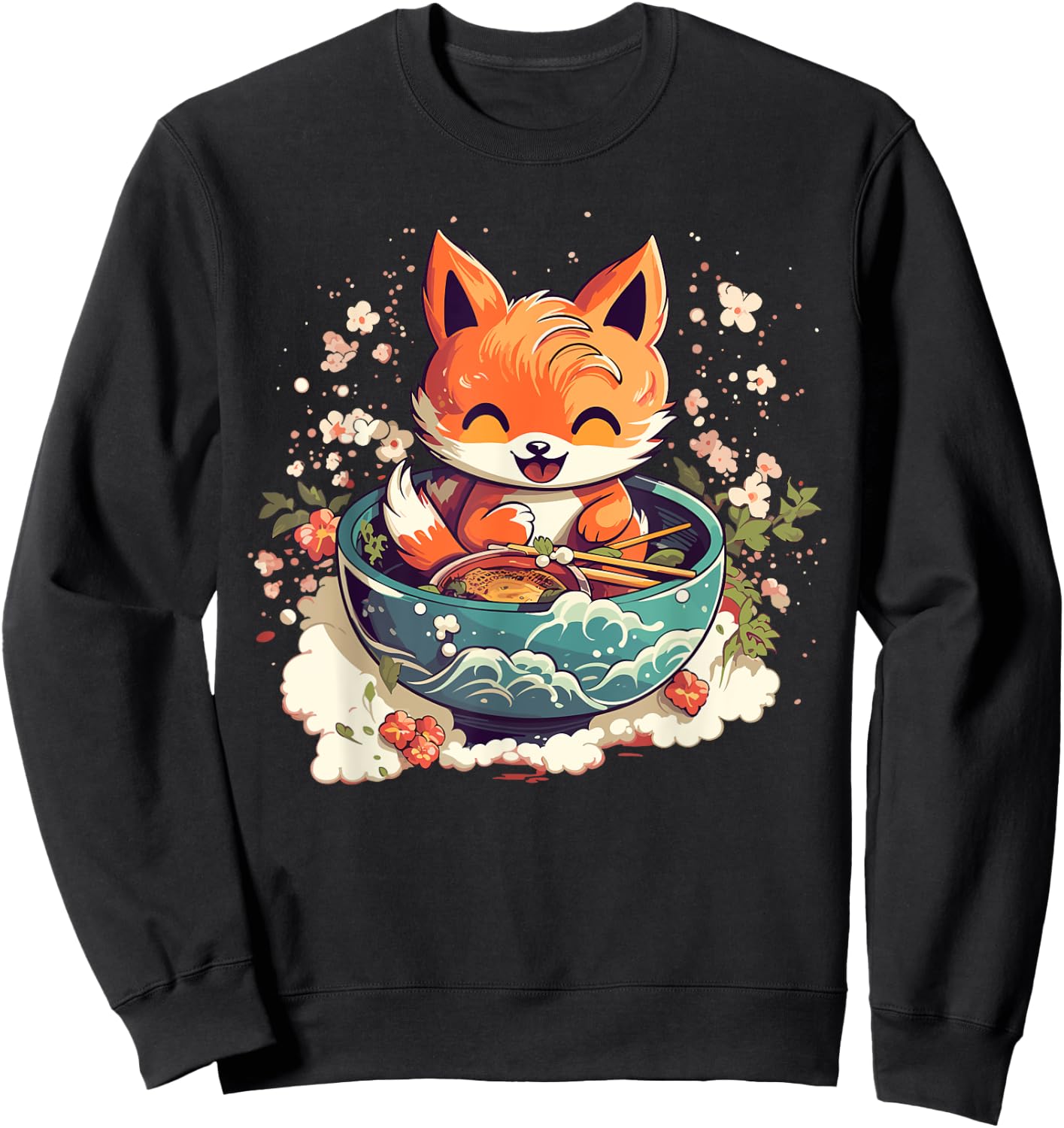 Kawaii Fox Eating Ramen - Ramen Noodle Lovers - Fox-Themed Sweatshirt - Sweatshirt | Black