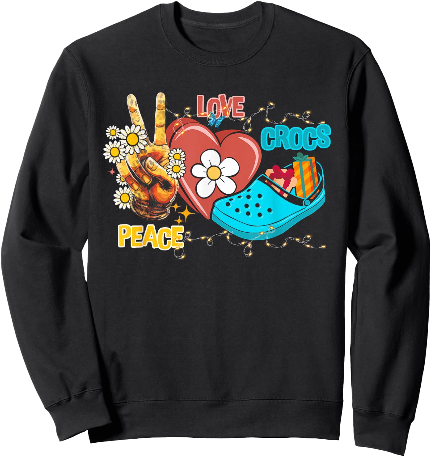 Skeleton Hand Peace Love-Crocs Family Xmas Pyjama Halloween Sweatshirt - Sweatshirt | Black