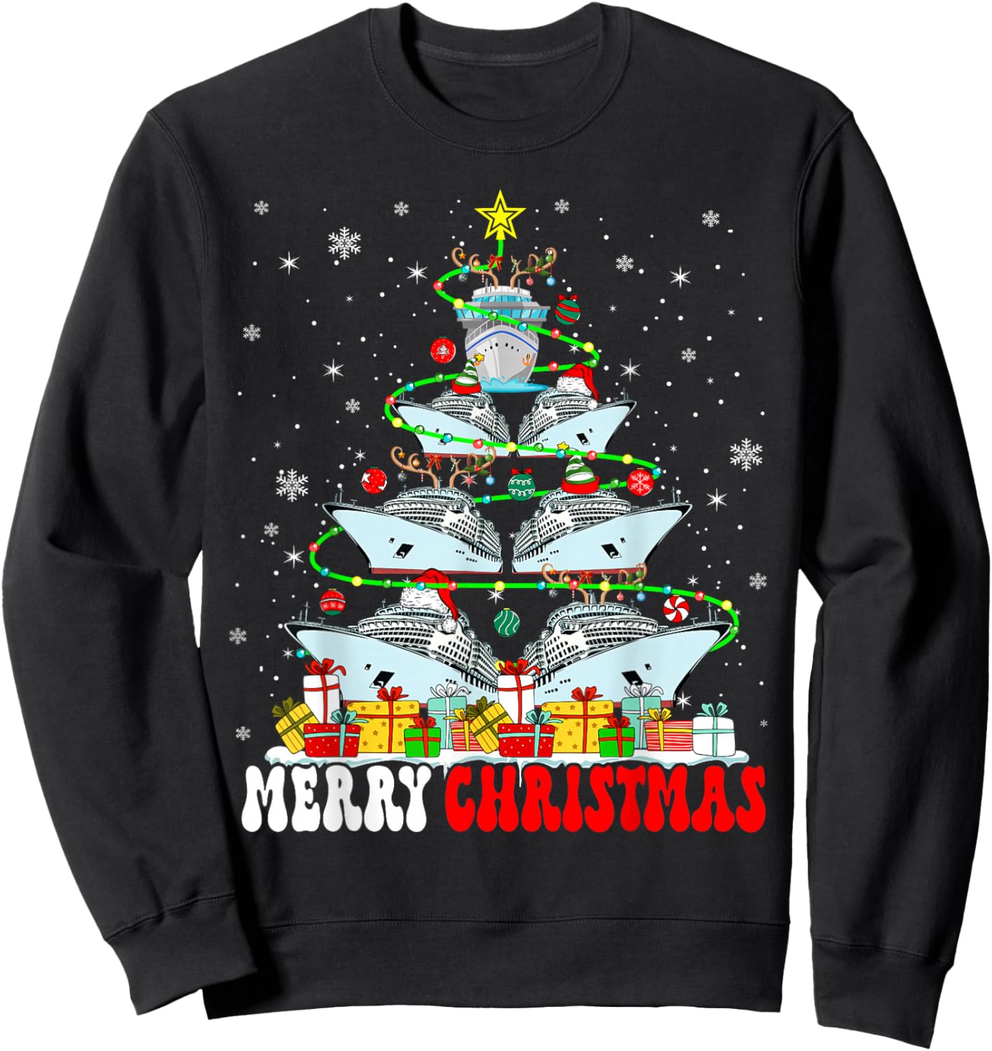 Merry Christmas Reindeer Elf Santa Cruise Ships Xmas Tree Sweatshirt - Sweatshirt | Black