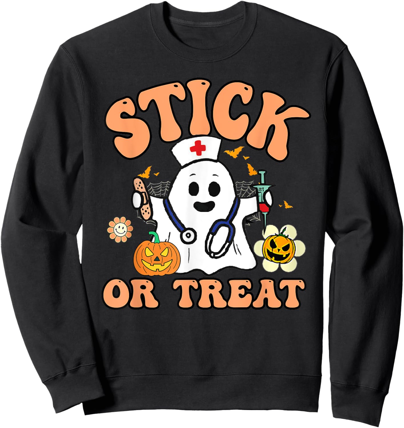 Groovy Stick Or Treat Funny Halloween Nurse Sweatshirt - Sweatshirt | Black