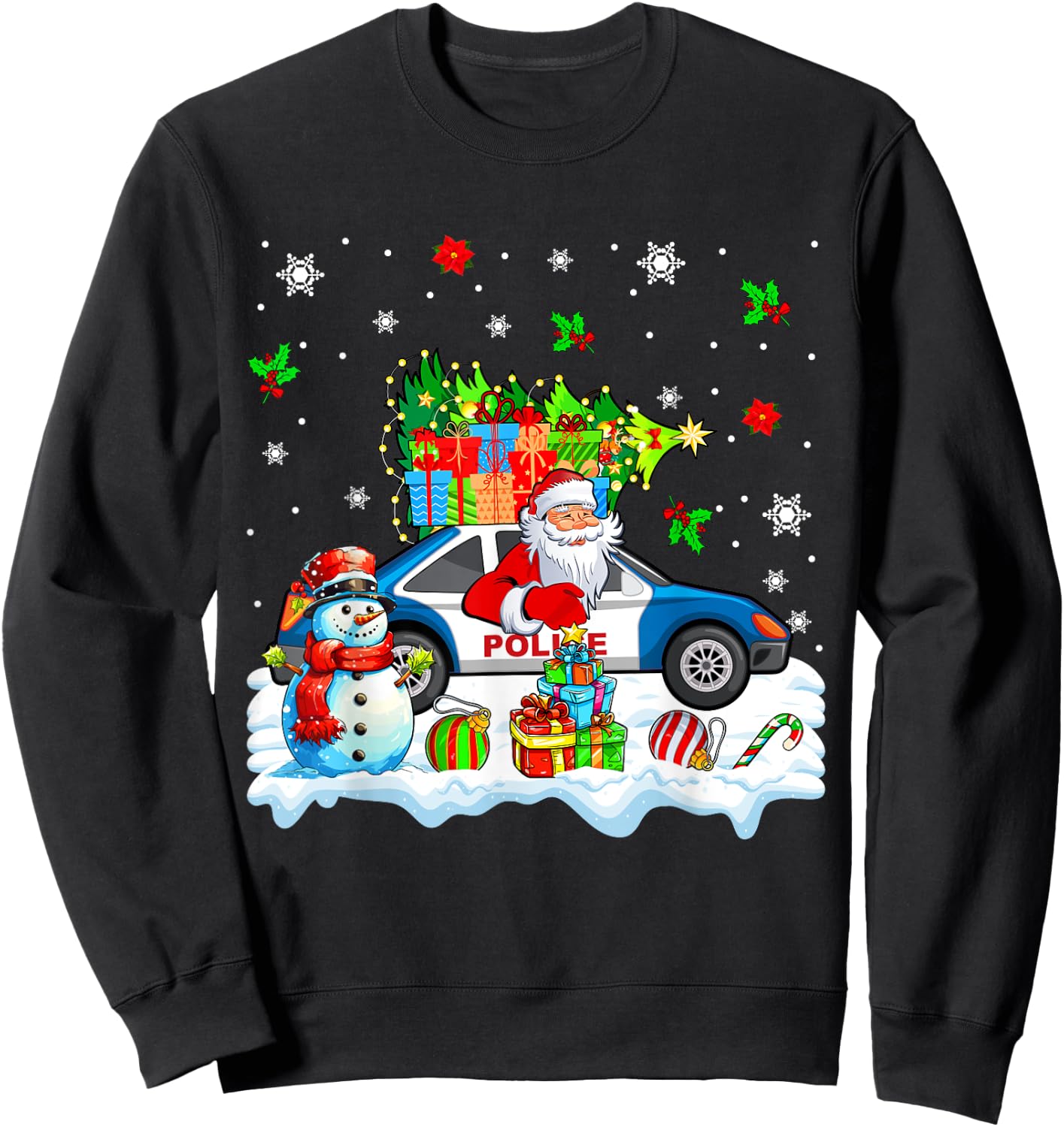 Santa Carrying Christmas Tree On Police Car Snowman Driver Sweatshirt - Sweatshirt | Black