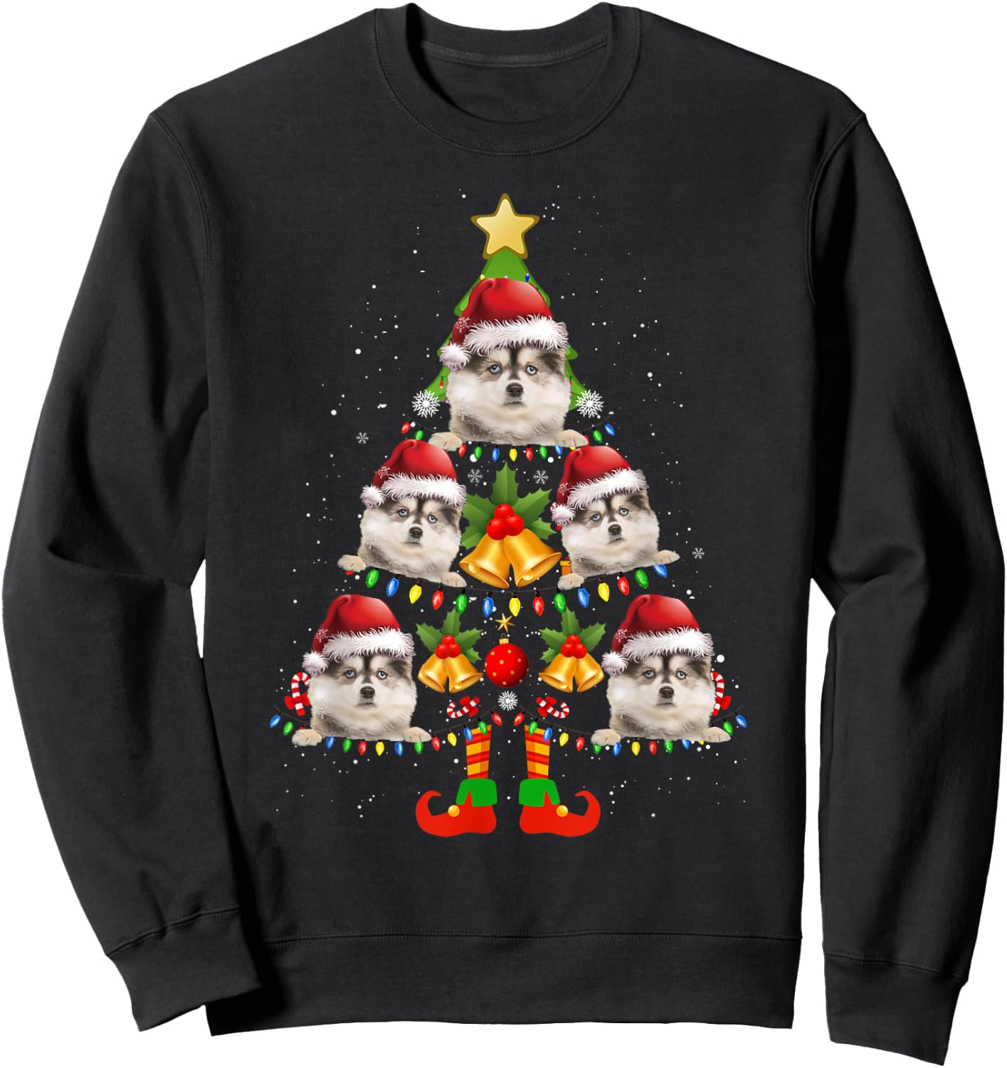 Funny Pomsky Christmas Lights Tree Dog Lover Xmas Sweatshirt - Sweatshirt | Black