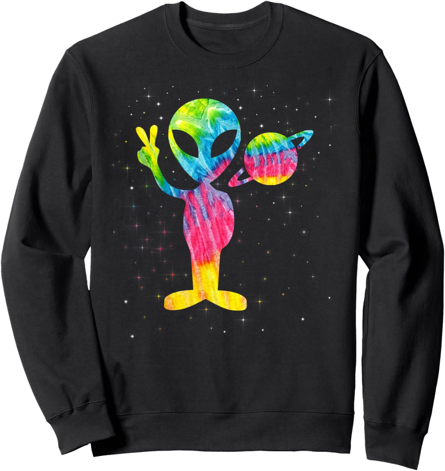 Vintage 1970s Tie Dye Groovy Alien Peace Retro Sweatshirt - Sweatshirt | Black