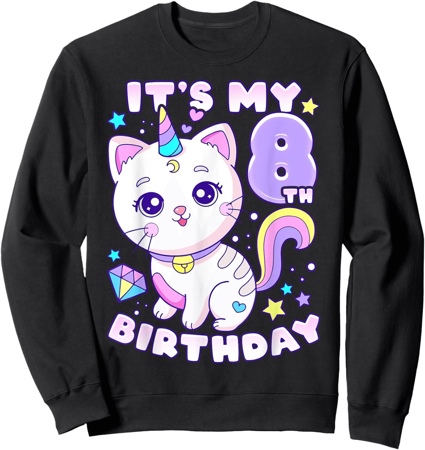 Birthday girl 8 years old, cat, unicorn, 8th birthday Sweatshirt - Sweatshirt | Black