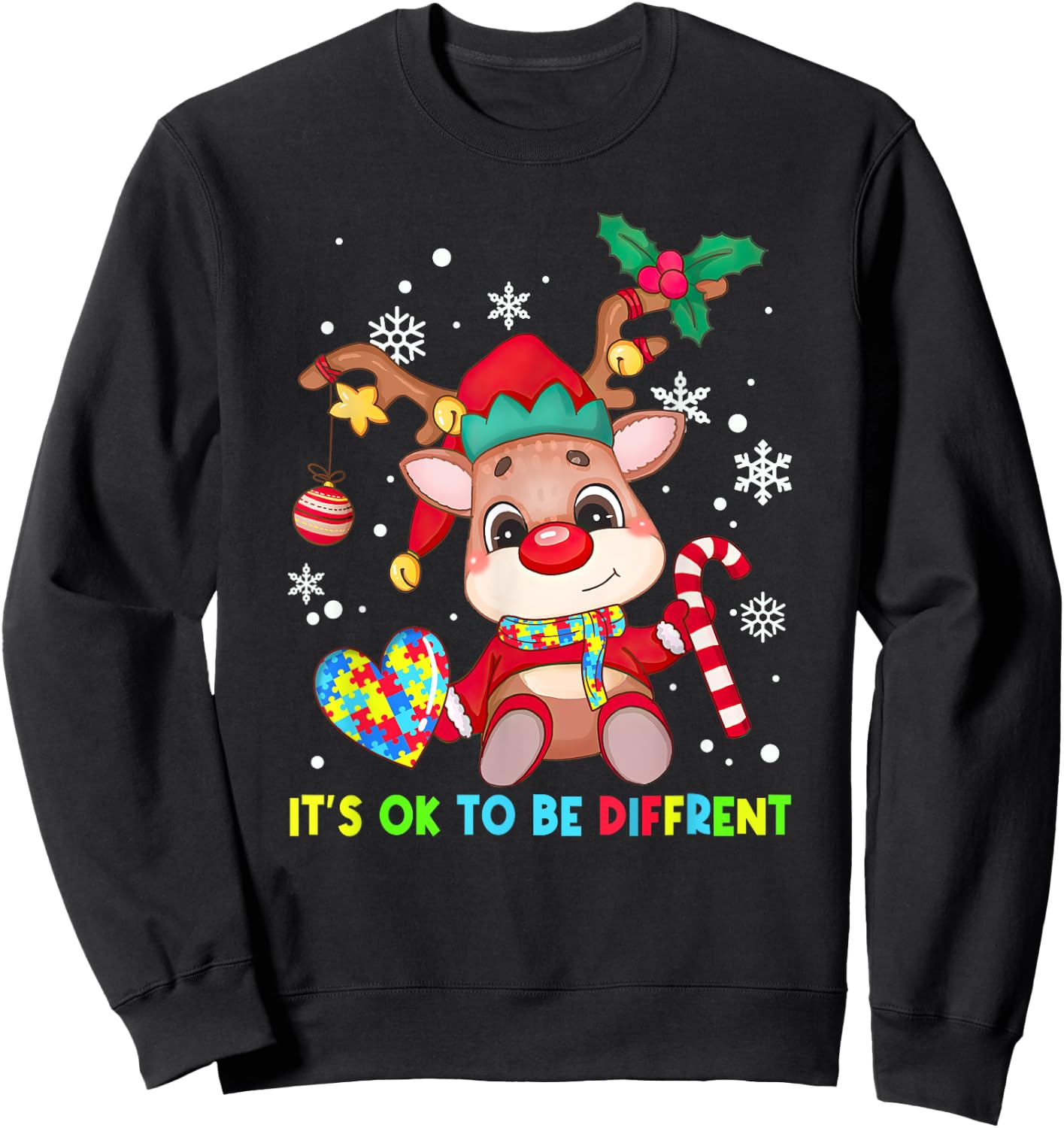 It's Ok To Be Different Reindeer Autism Awareness Christmas Sweatshirt - Sweatshirt | Black