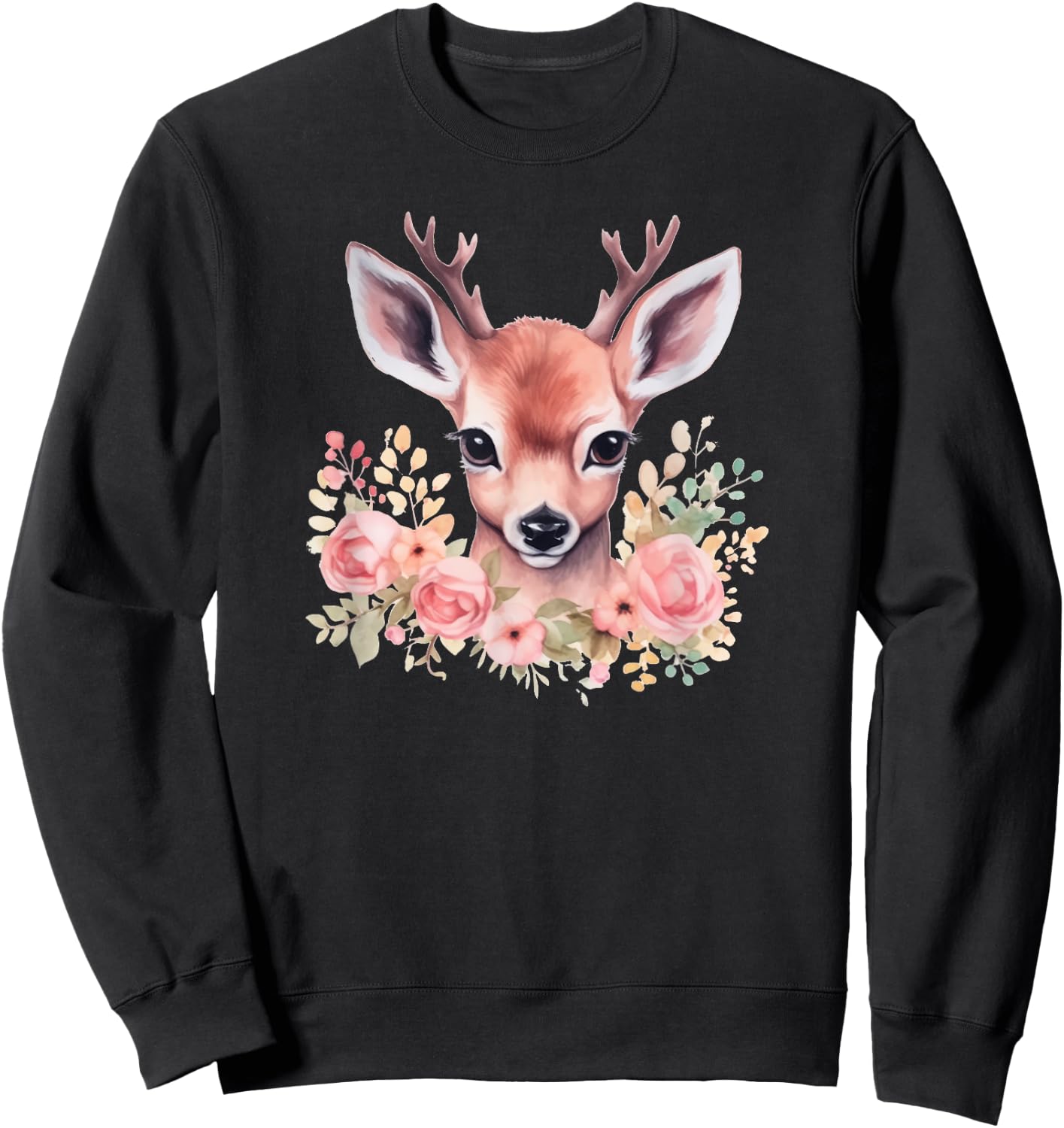 Fawn with Flowers Pink Deer Illustration Cute Deer Sweatshirt - Sweatshirt | Black