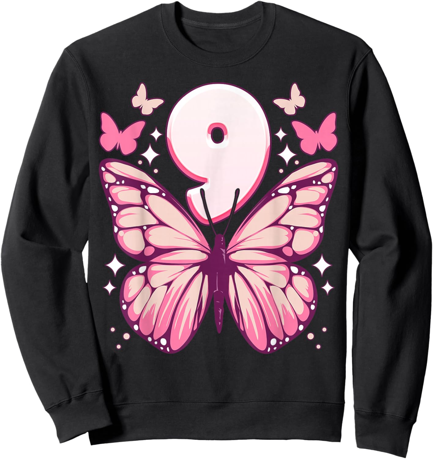 Birthday Girl 9 Years, Butterflies and Number 9 Sweatshirt - Sweatshirt | Black