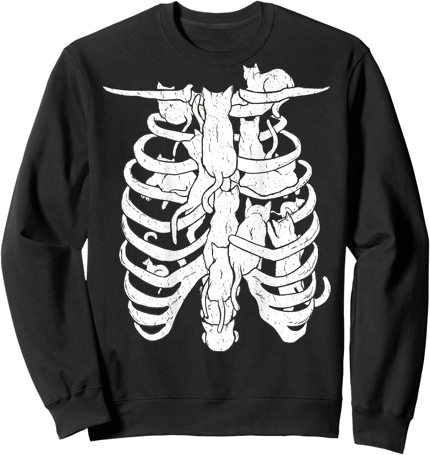 Skeleton body and cat, Halloween Costume Rib cage Anatomy Sweatshirt - Sweatshirt | Black