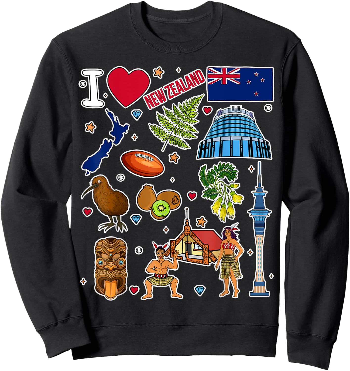 NZ hand drawn symbols, New Zealand map, cultural icons Sweatshirt - Sweatshirt | Black