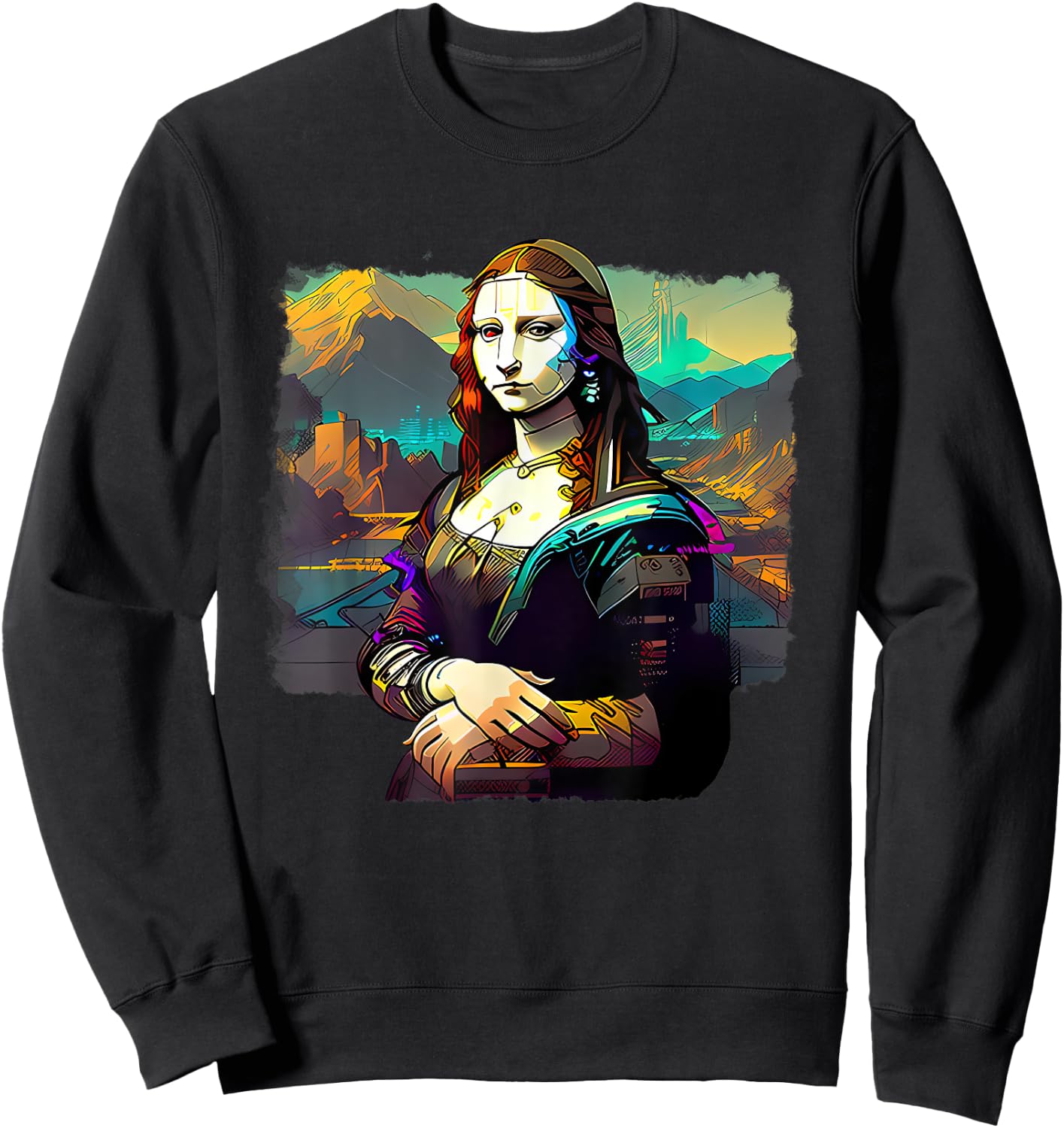 Cyberpunk Aesthetic - Cyberpunk Mona Lisa - Famous Painting Sweatshirt - Sweatshirt | Black