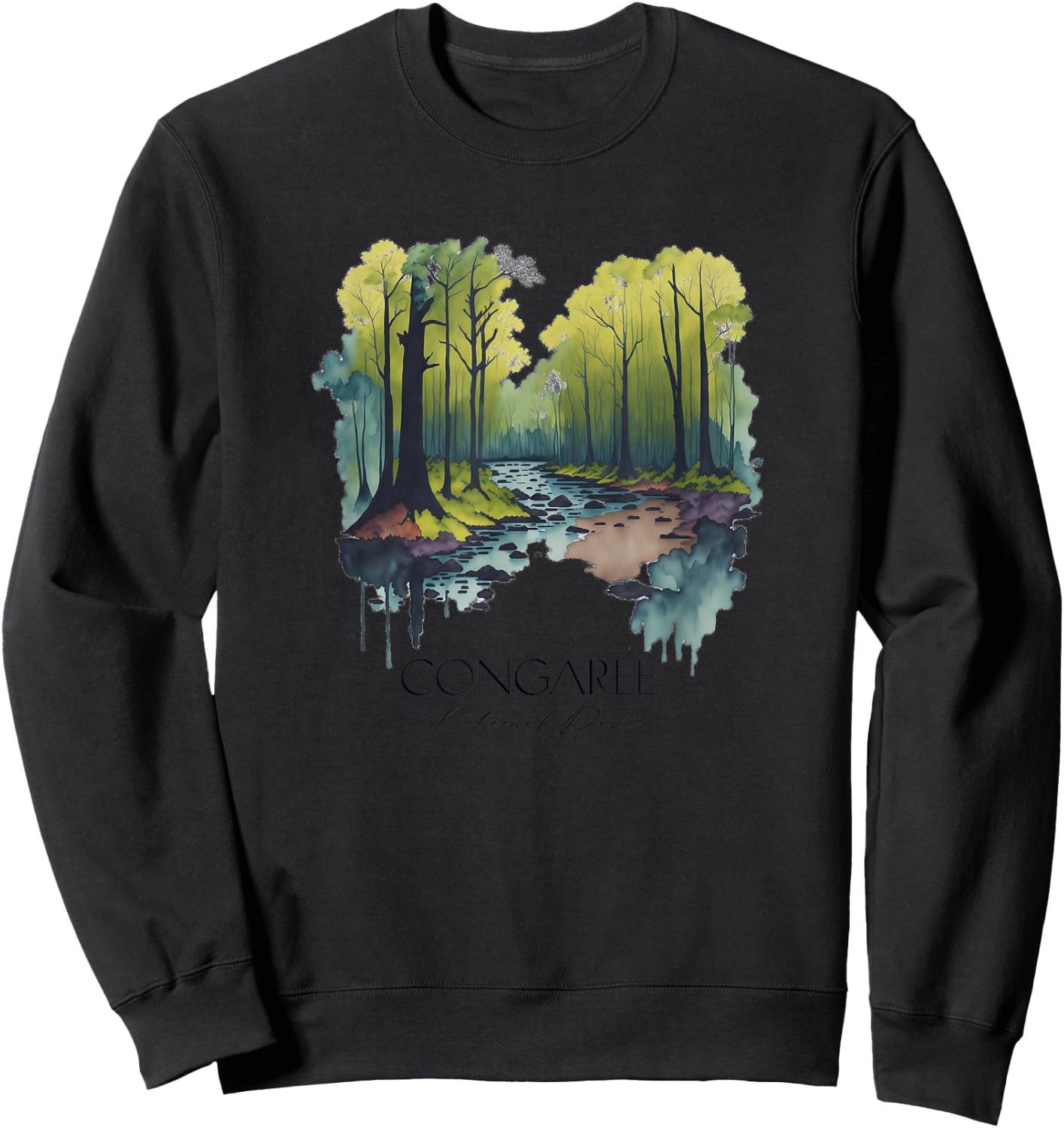 Cool Congaree National Park Hiking Watercolor Graphic Sweatshirt - Sweatshirt | Black